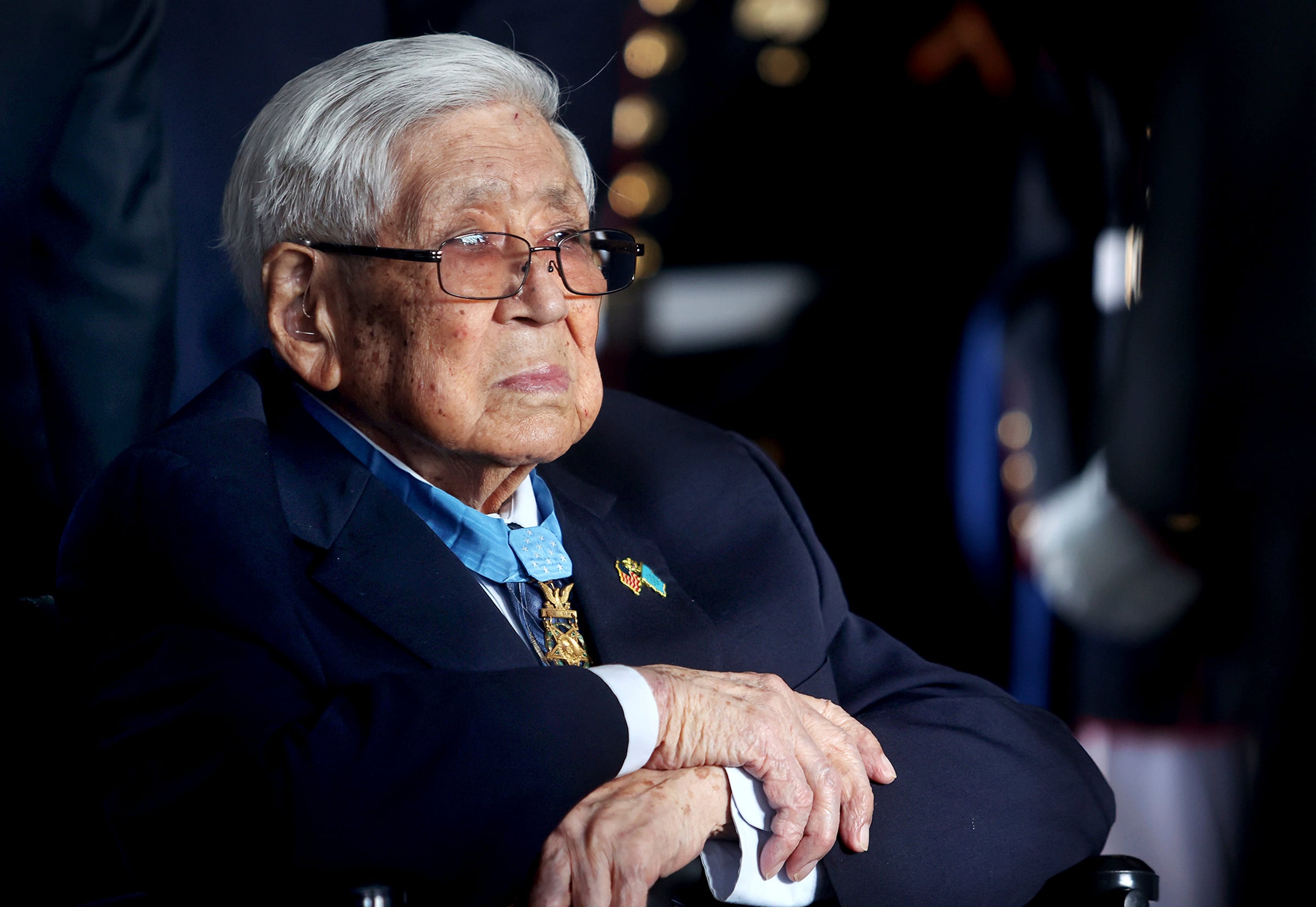 Medal of Honor recipient Hiroshi Miyamura, a corporal in the U.S. Army during the Korean War, attends the groundbreaking ceremony for the National Medal of Honor Museum on March 25, 2022, in Arlington, Texas.