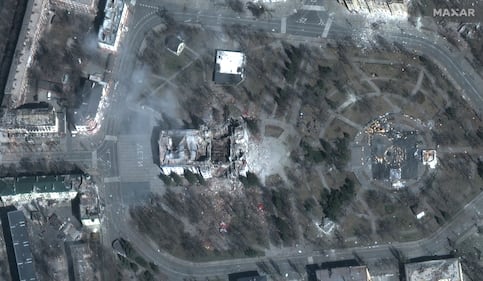 Satellite image shows destroyed Mariupol theater, Mariupol, Ukraine, March 29, 2022.