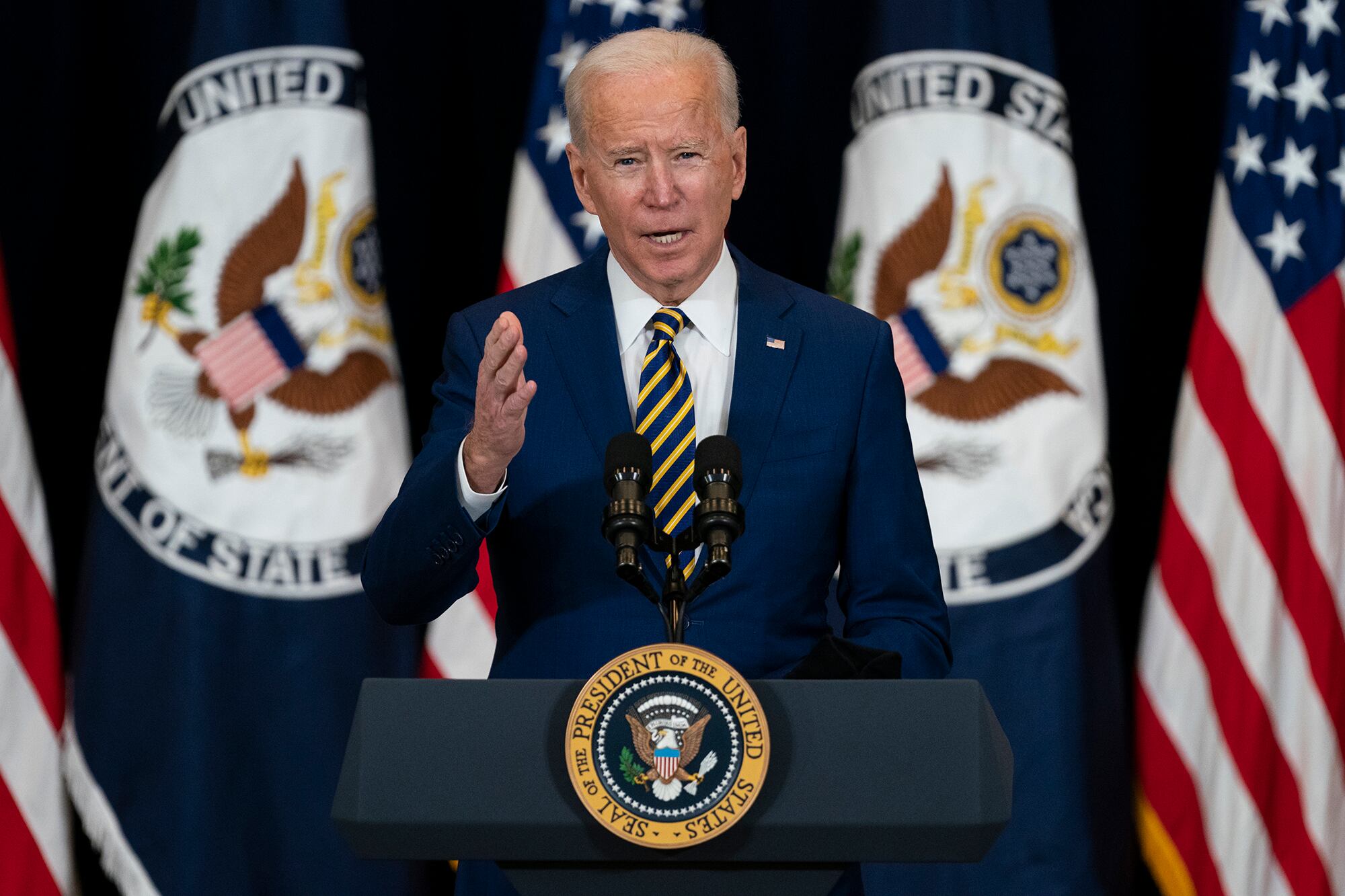 President Joe Biden delivers remarks to State Department staff onFeb. 4, 2021, in Washington.