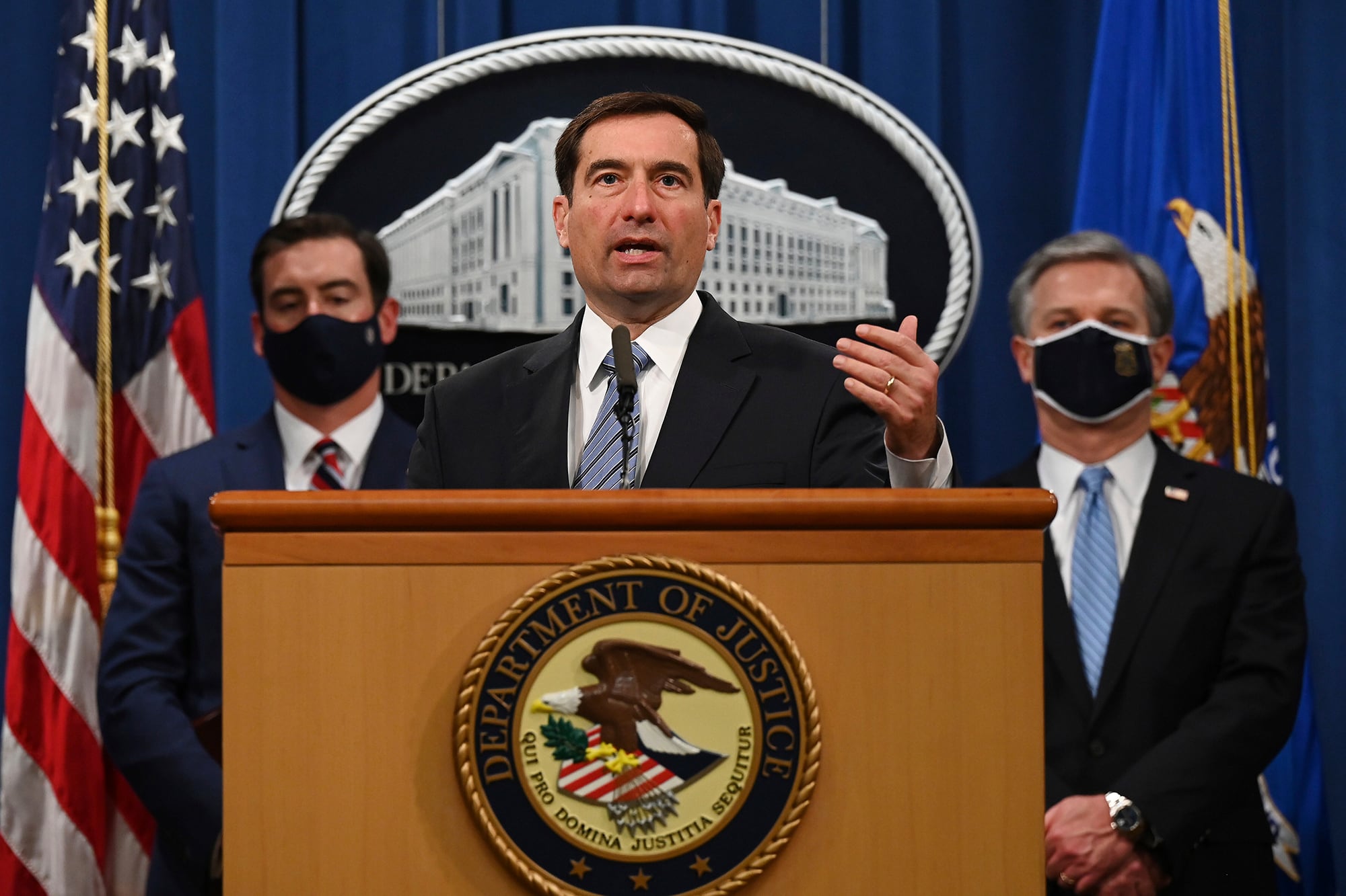 Assistant Attorney General of the National Security Division John Demers speaks during a press conference at the Department of Justice, Wednesday,  Oct. 7, 2020, in Washington.