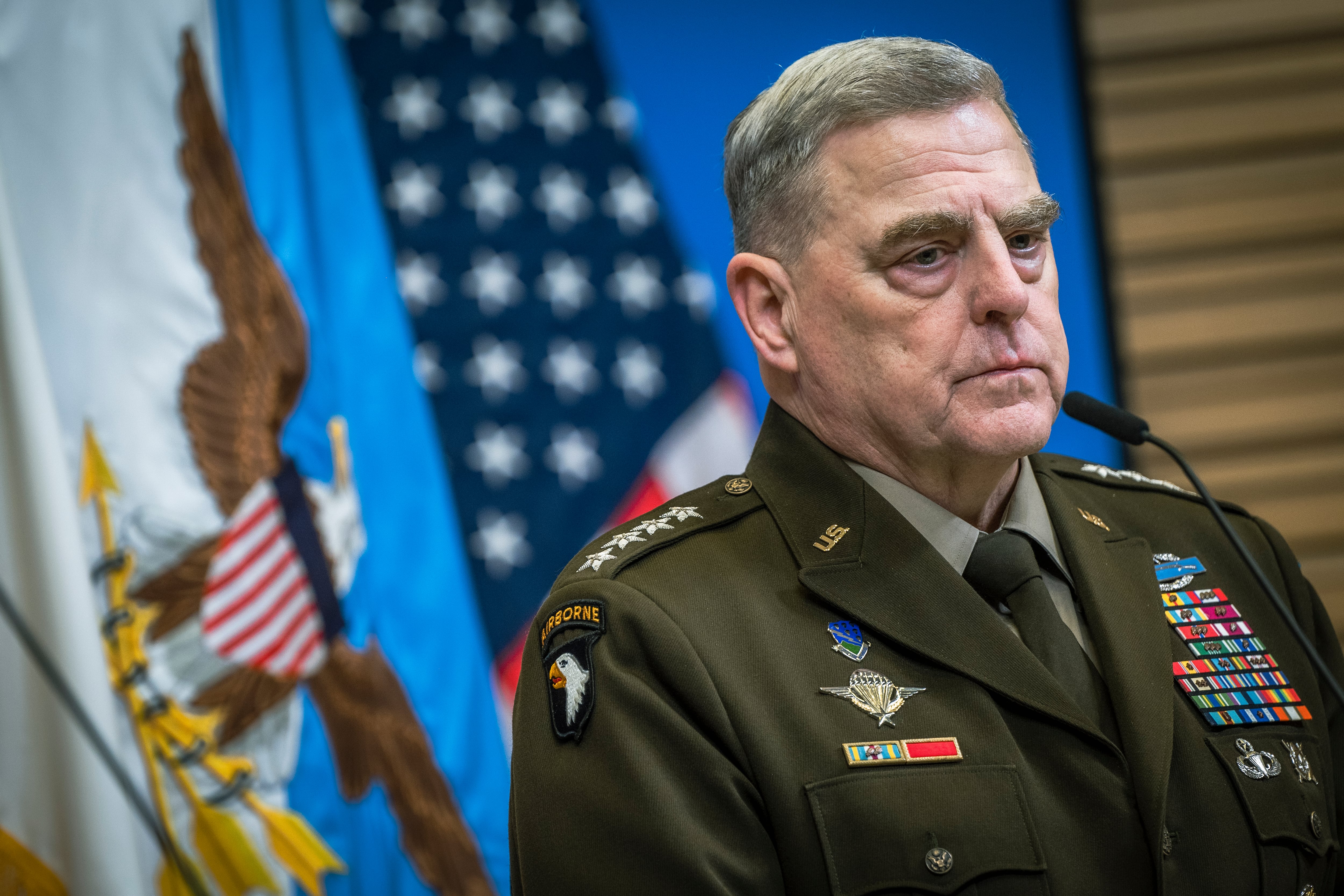 Chairman of the Joint Chiefs of Staff, Gen. Mark A. Milley answers questions during a press conference at NATO headquarters, Brussels, Belgium, Feb. 14, 2023.