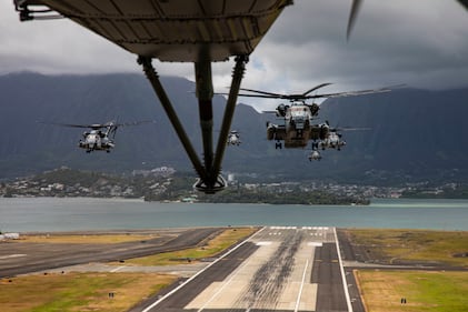 Marine Corps CH-53E Super Stallions take-off during a mass air-training mission on May 19, 2020, at Marine Corps Air Station Kaneohe Bay, Marine Corps Base Hawaii.