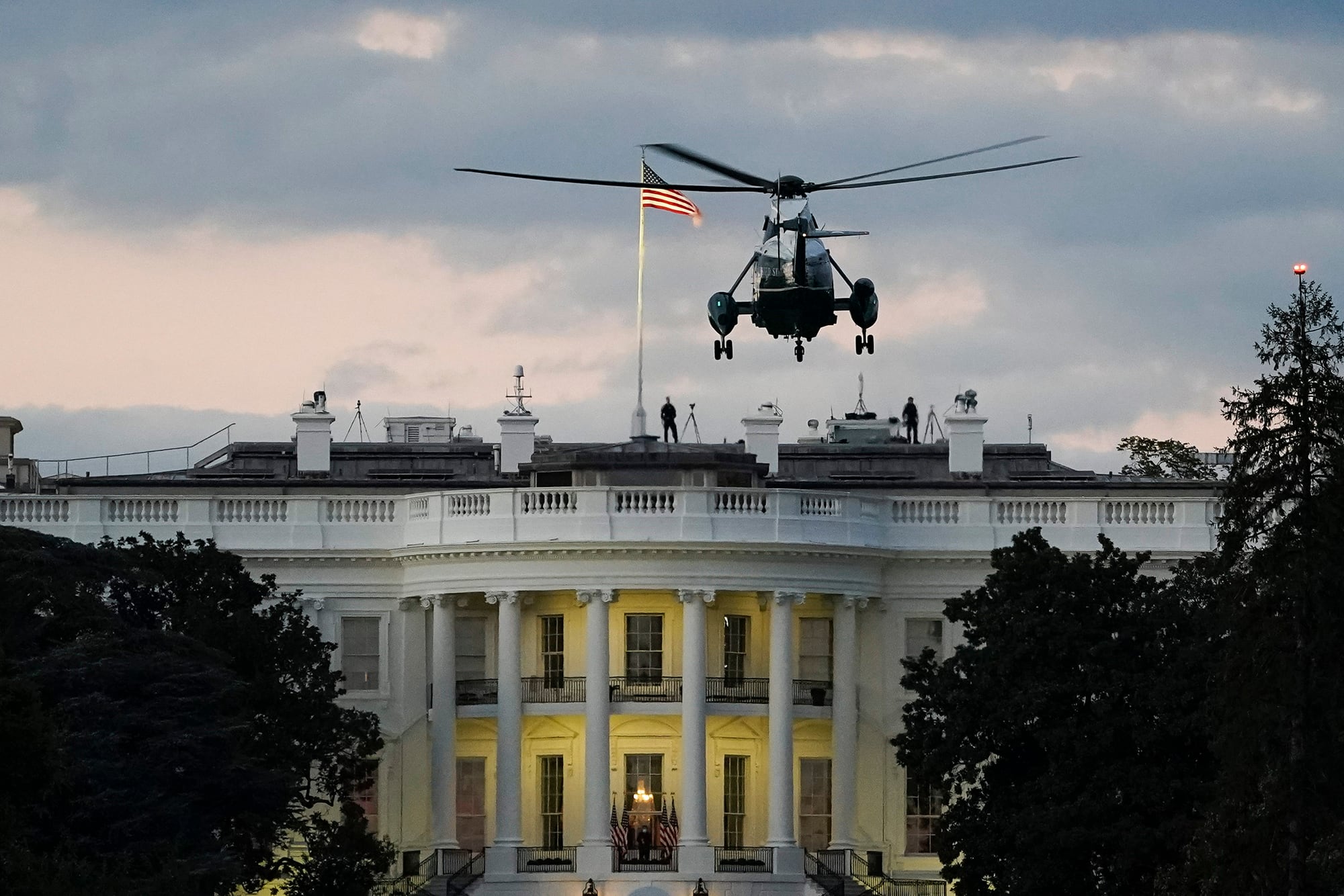 Marine One, with President Donald Trump onboard, prepares to land on the South Lawn of the White House on Oct. 5, 2020, in Washington.