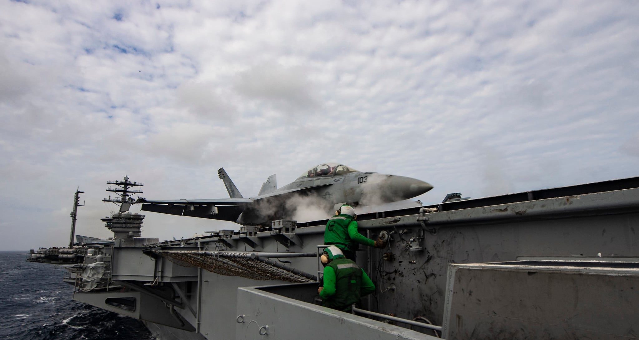 An F/A-18F Super Hornet launches off the flight deck of the aircraft carrier USS Nimitz (CVN 68) in the Arabian Sea on July 27, 2020.