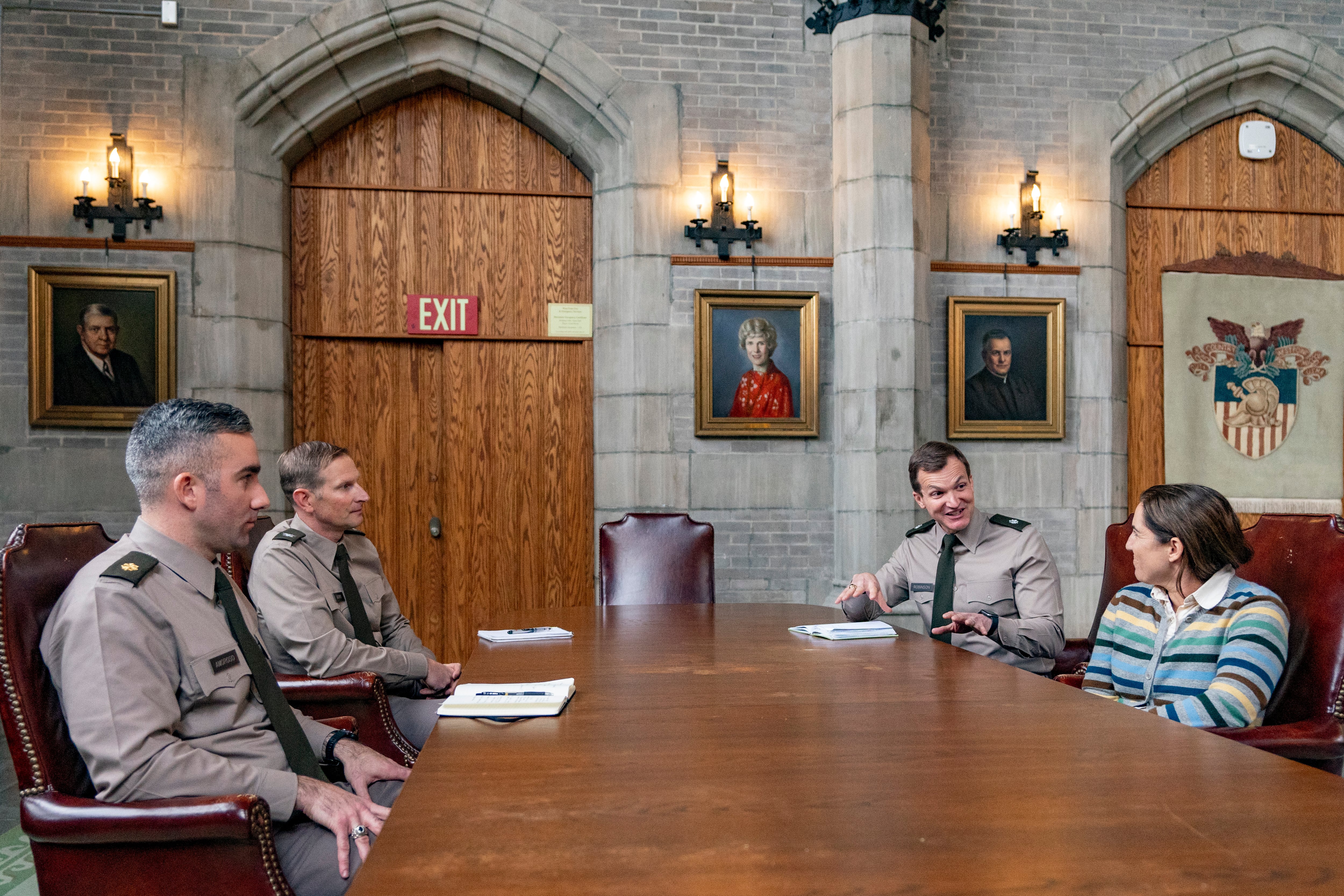 Officers and instructors participate in a roundtable discussion on how cadets are instructed on the Constitution at the U.S. Military Academy in West Point, N.Y., Wednesday, Nov. 29, 2023.