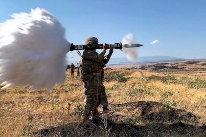 Sgt. Brendan Seiber fires an AT4  anti-tank weapon at a range located in the Vaziani Training Area near Tbilisi, Georgia, during Exercise Agile Spirit, July 30, 2019.