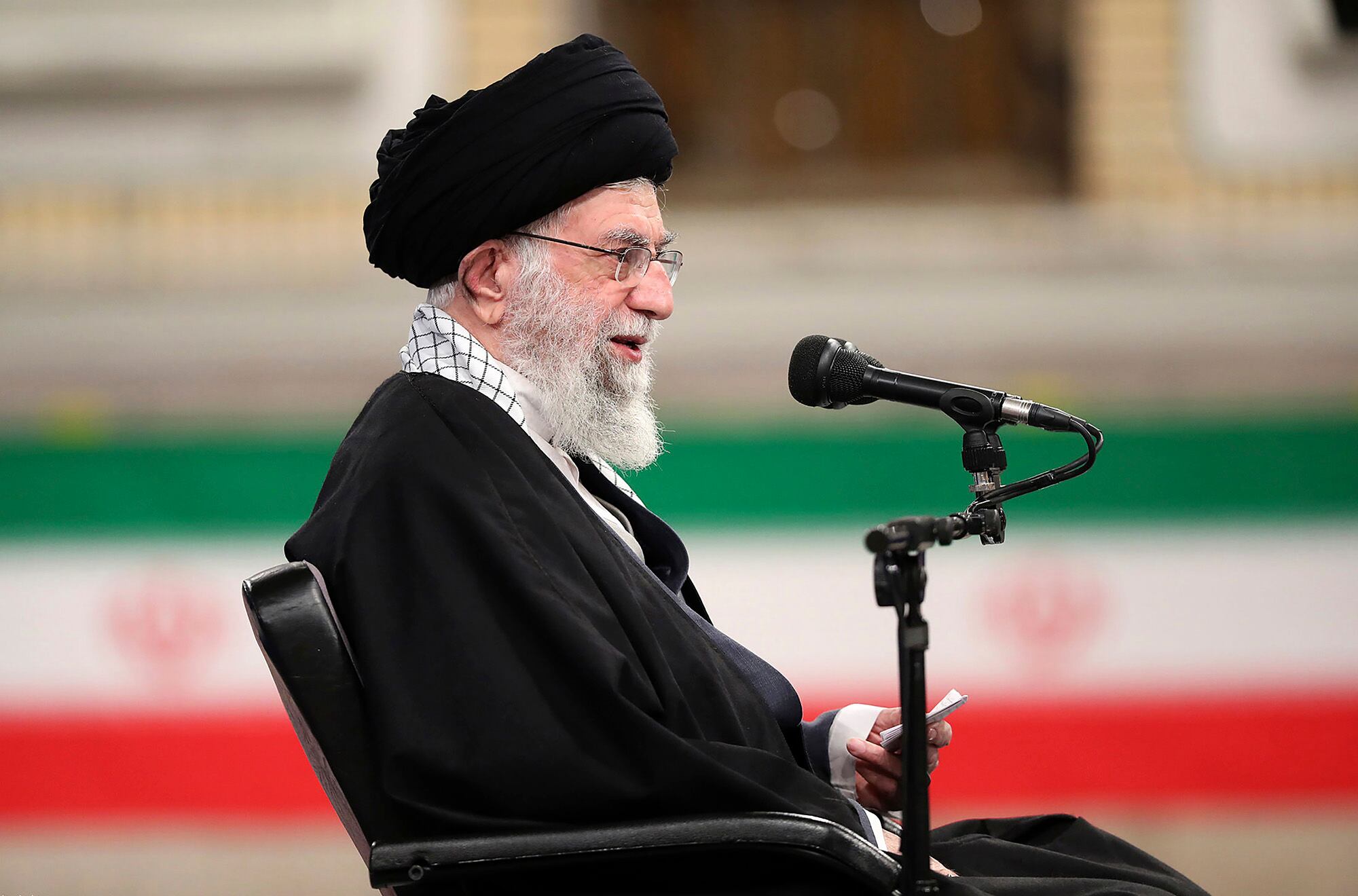 Supreme Leader Ayatollah Ali Khamenei speaks during a meeting with army's air force and air defense staff in Tehran, Iran, Sunday, Feb. 7, 2021.