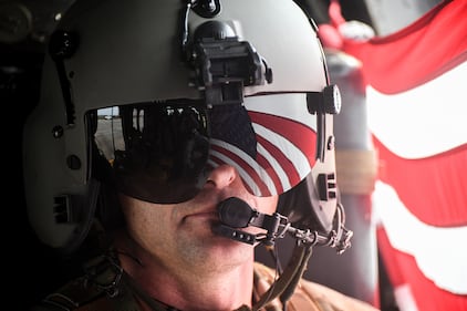 Master Sgt. Dan, 301st Rescue Squadron Special Mission Aviator, flies in an HH-60G Pave Hawk, May 30, 2020, at Patrick Air Force Base, Fla.