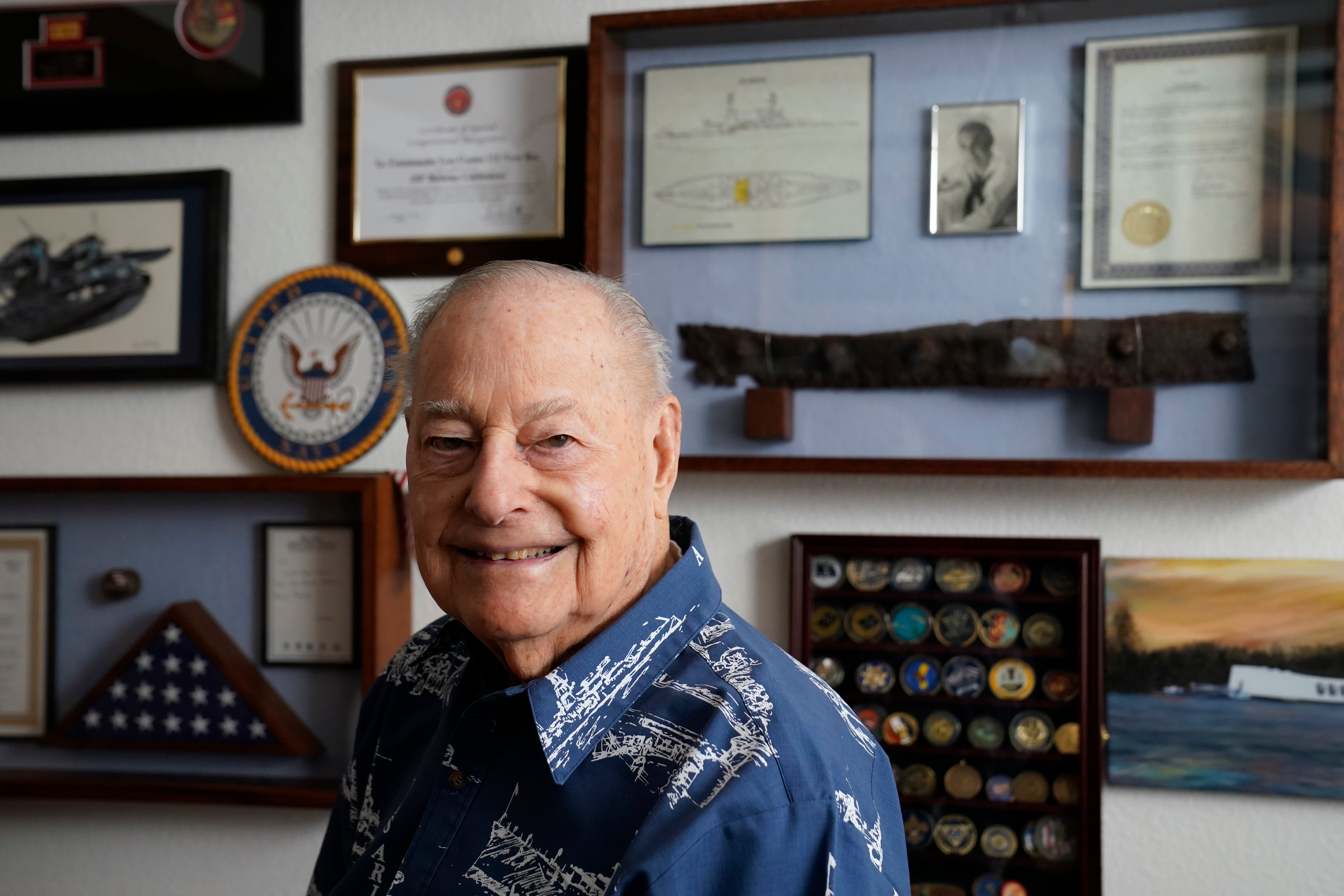 Pearl Harbor survivor Lou Conter, 101, is seen at his home in Grass Valley, Calif., Friday, Nov. 18, 2022.