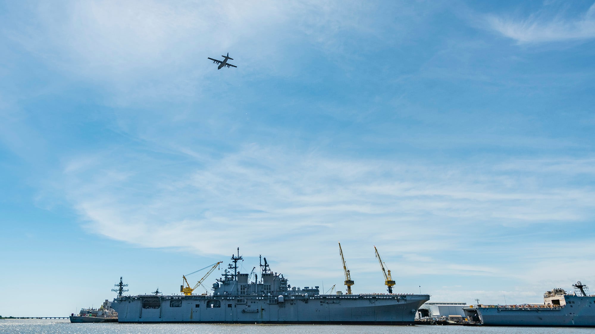 The 403rd Wing's 53rd Weather Reconnaissance Squadron at Keesler Air Force Base, Miss., flew by the future USS Tripoli at Huntington Ingalls Shipyard, Pascagoula, May 5, 2020, as part of the "Hercs for Heroes" tribute to all the health care workers, first responders and essential personnel battling the spread of COVID-19.