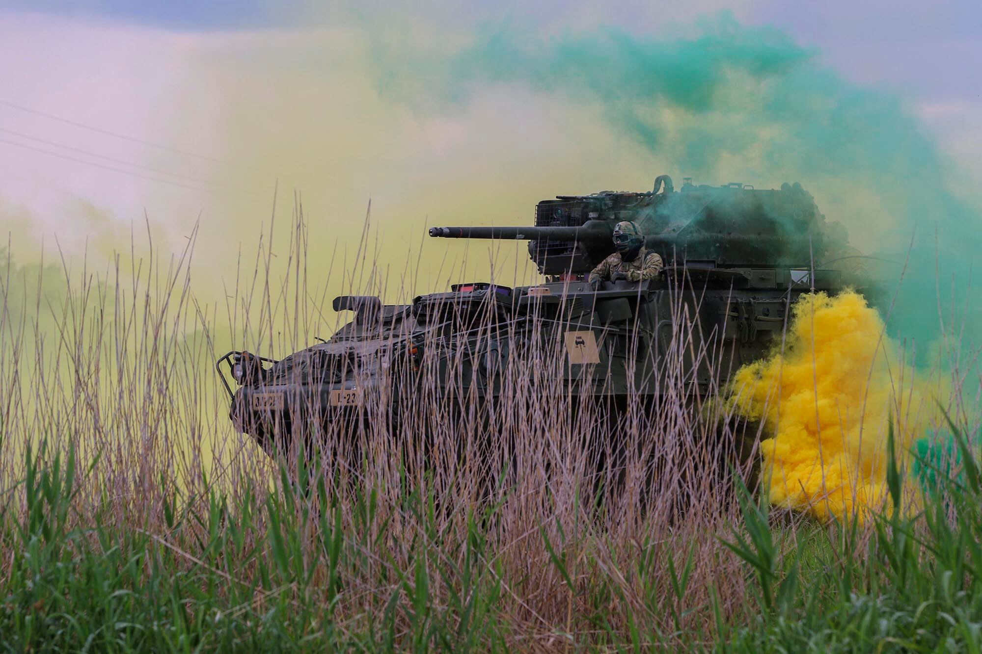 U.S. Army soldiers ride in a Stryker infantry carrier vehicle during Bull Run 12 near Jaglowo, Poland, June 22, 2020.