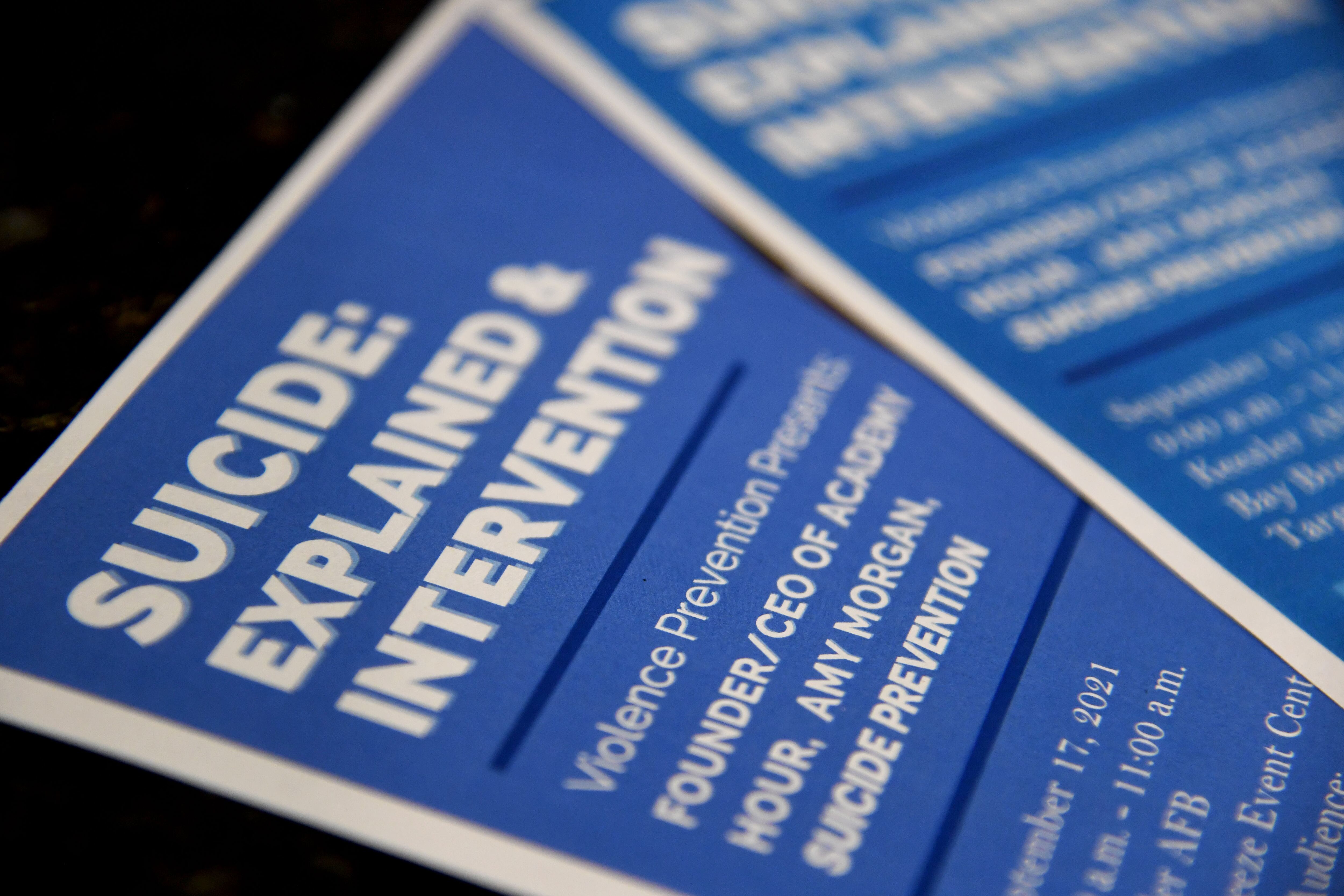 Flyers are on display during the Suicide Explained & Suicide Intervention training inside the Bay Breeze Event Center at Keesler Air Force Base, Mississippi, Sept. 17, 2021. With suicide being the leading cause of death in the Air Force, the presentation focus was to provide skill based training in primary prevention for personnel at Keesler. (Kemberly Groue/U.S. Air Force)