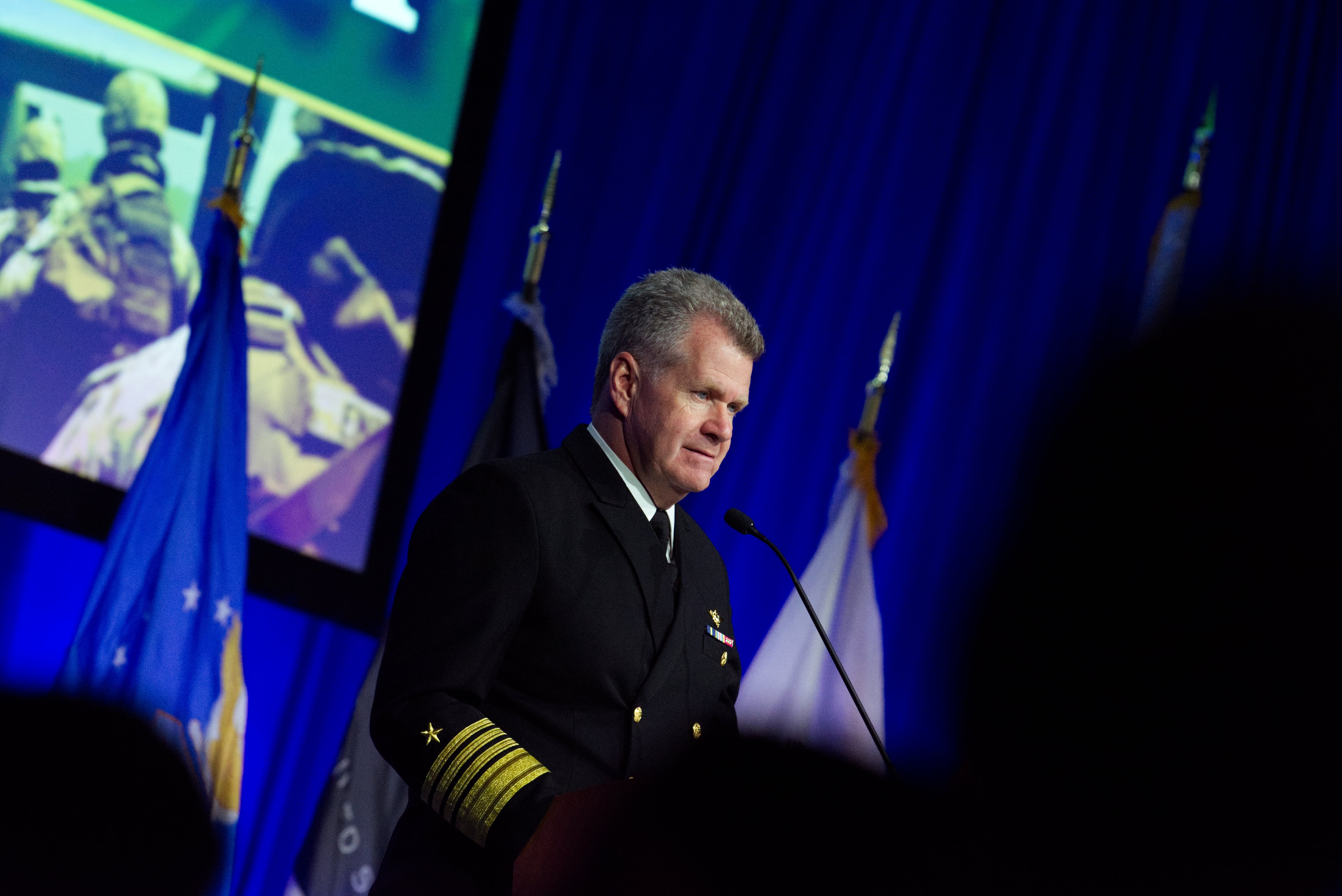 U.S. Navy Adm. Samuel Paparo, commander of the Pacific Fleet, begins a speech Feb. 14, 2024, at the West conference in San Diego.