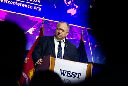 U.S. Navy Secretary Carlos Del Toro speaks Feb. 15, 2024, at the West conference in San Diego.