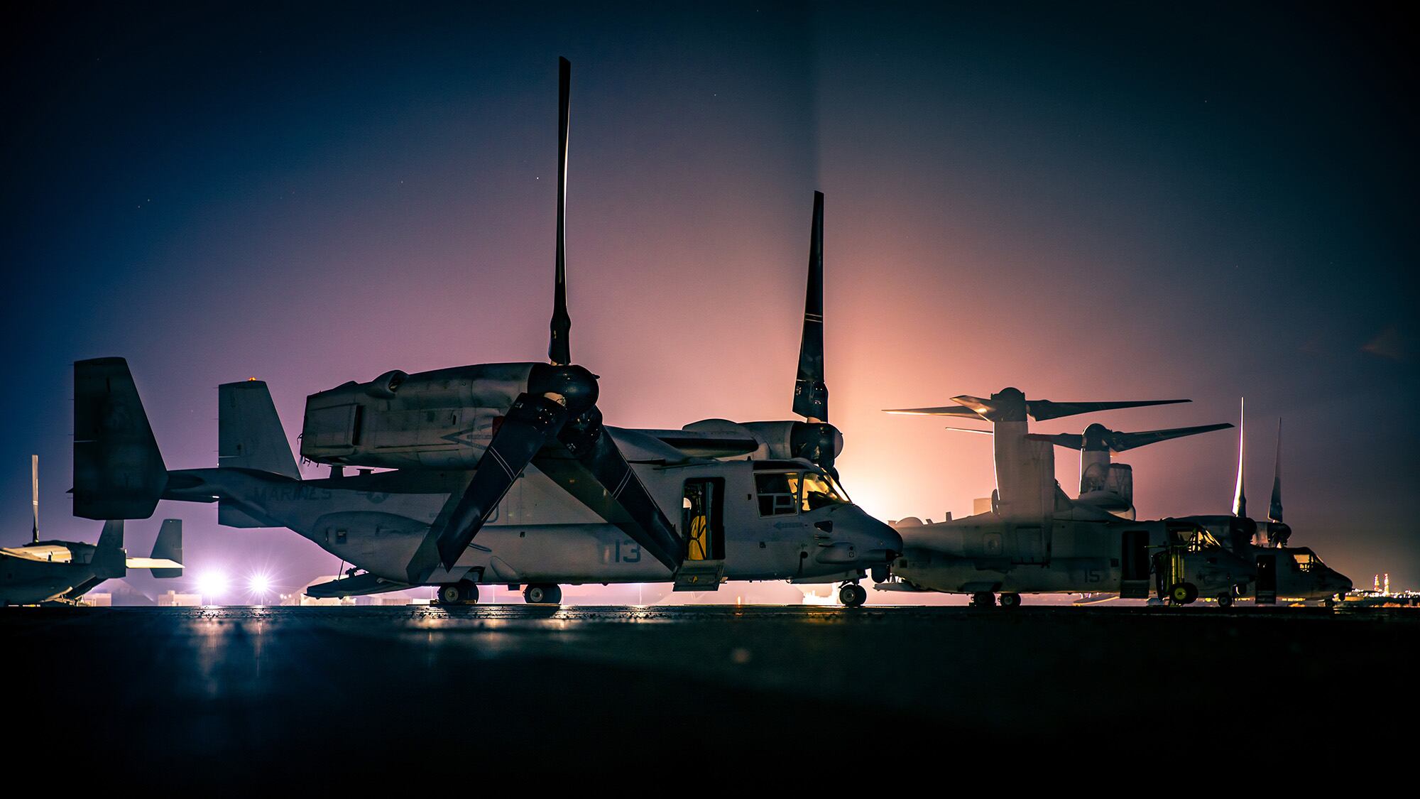 Marine Corps MV-22 Ospreys assigned to Marine Medium Tiltrotor Squadron 166, Special Purpose Marine Air-Ground Task Force Crisis Response - Central Command, are staged on the flight line in Kuwait, Sept 24, 2020.