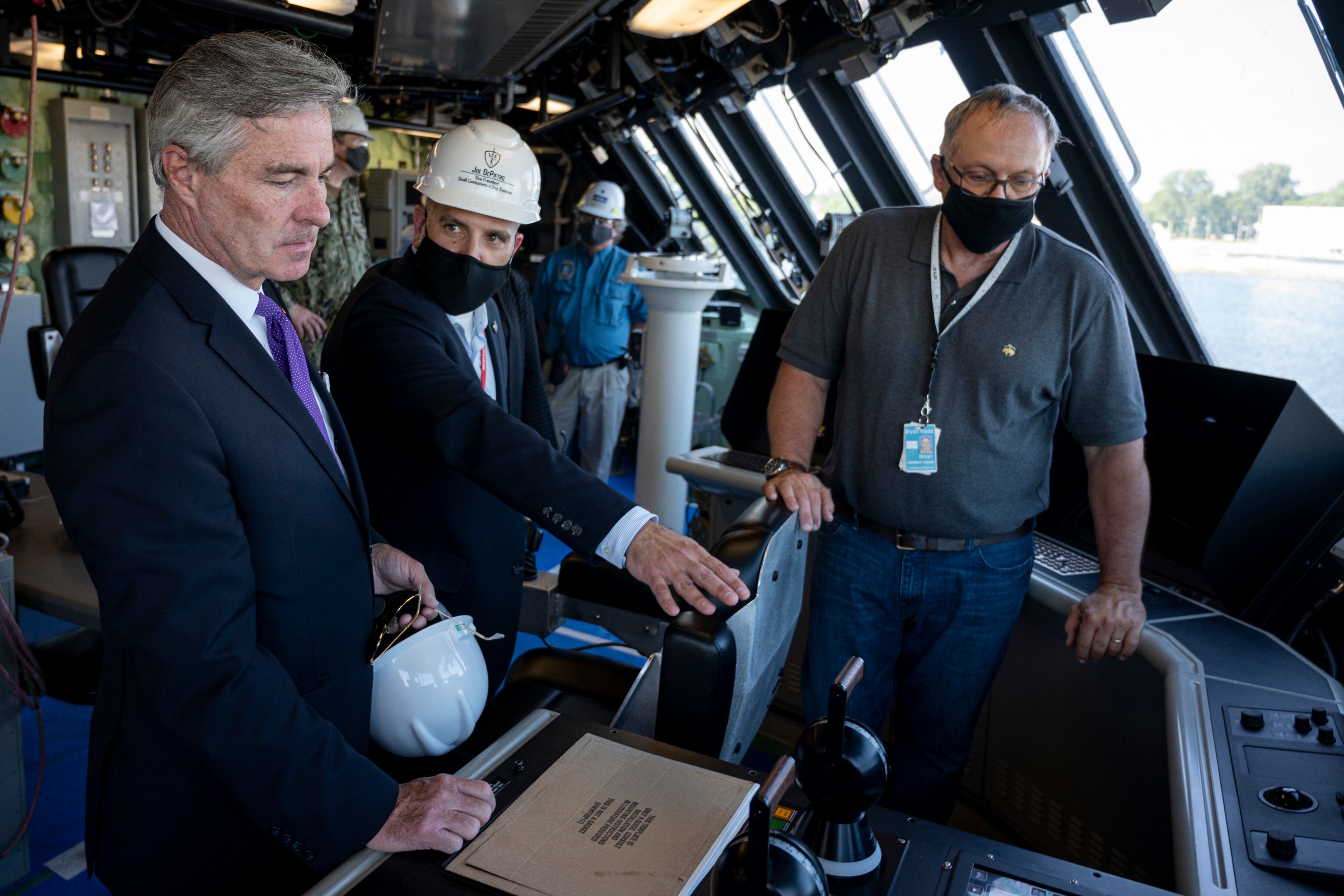 Secretary of the Navy Kenneth J. Braithwaite tours the Freedom-class littoral combat ship USS Minneapolis-Saint Paul (LCS-21) on July 8, 2020, at the Fincantieri Marinette Marine Shipyard in Wisconsin.