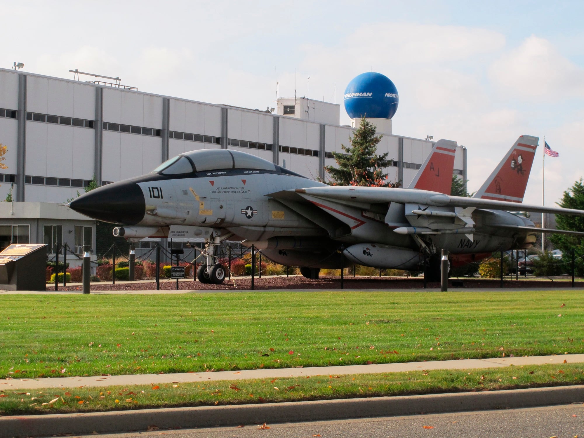 This Nov. 11, 2014, file photo shows a model of a fighter jet outside former Grumman Corp. plant in Bethpage, N.Y.