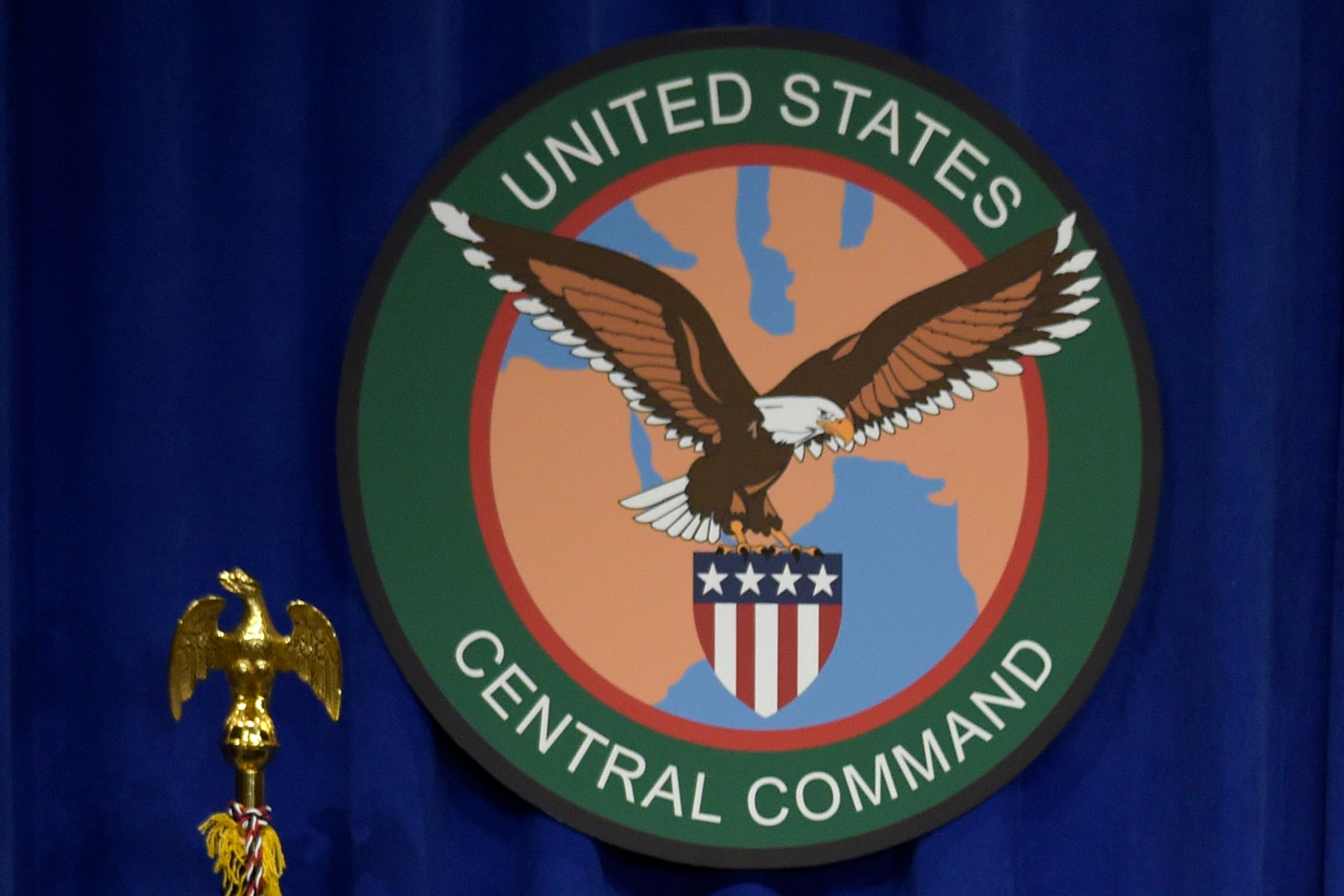 The seal for the U.S. Central Command is displayed on Feb. 6, 2017, at MacDill Air Force Base, Fla.