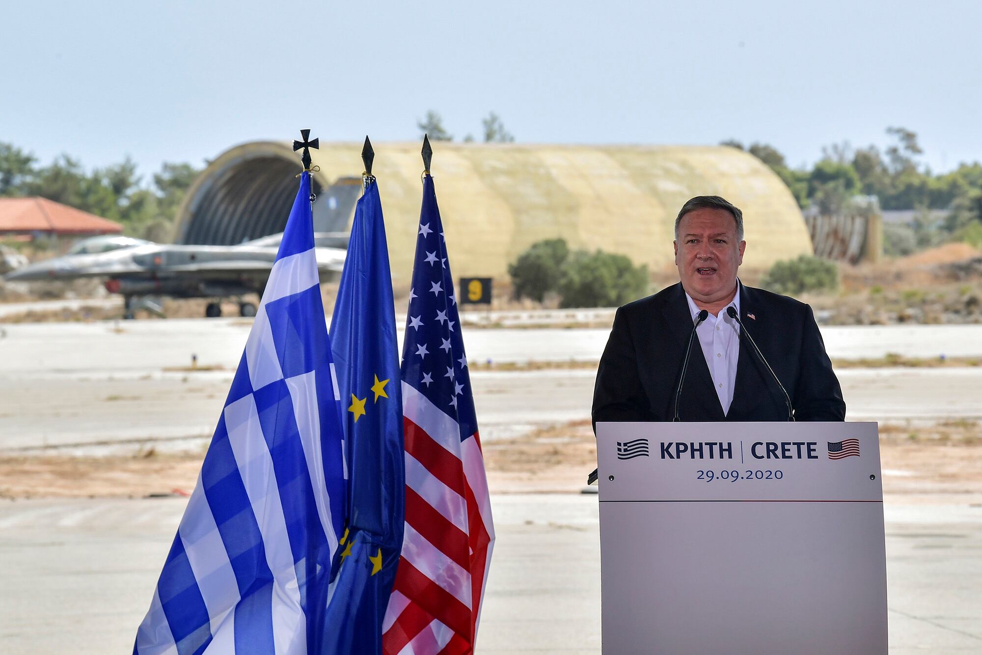 US Secretary of State Mike Pompeo delivers a speech during his visit at the Naval Support Activity base at Souda, on the Greek island of Crete, Tuesday, Sept. 29, 2020.