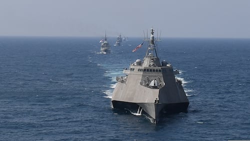 From front to back: Independence-variant littoral combat ship USS Montgomery (LCS 8), ship RSS Tenacious (71), UMS Kyansittha (F-12), BRP Ramone Alcaraz (PS16), KDB Darulaman (OPV-08), and Vietnam Corvette HQ-18 line up in formation Sept. 4, 2019, during a photo exercise as part of the ASEAN-U.S. Maritime Exercise in the Gulf of Thailand. (Mass Communication Specialist 1st Class Alexandra Seeley/Navy)