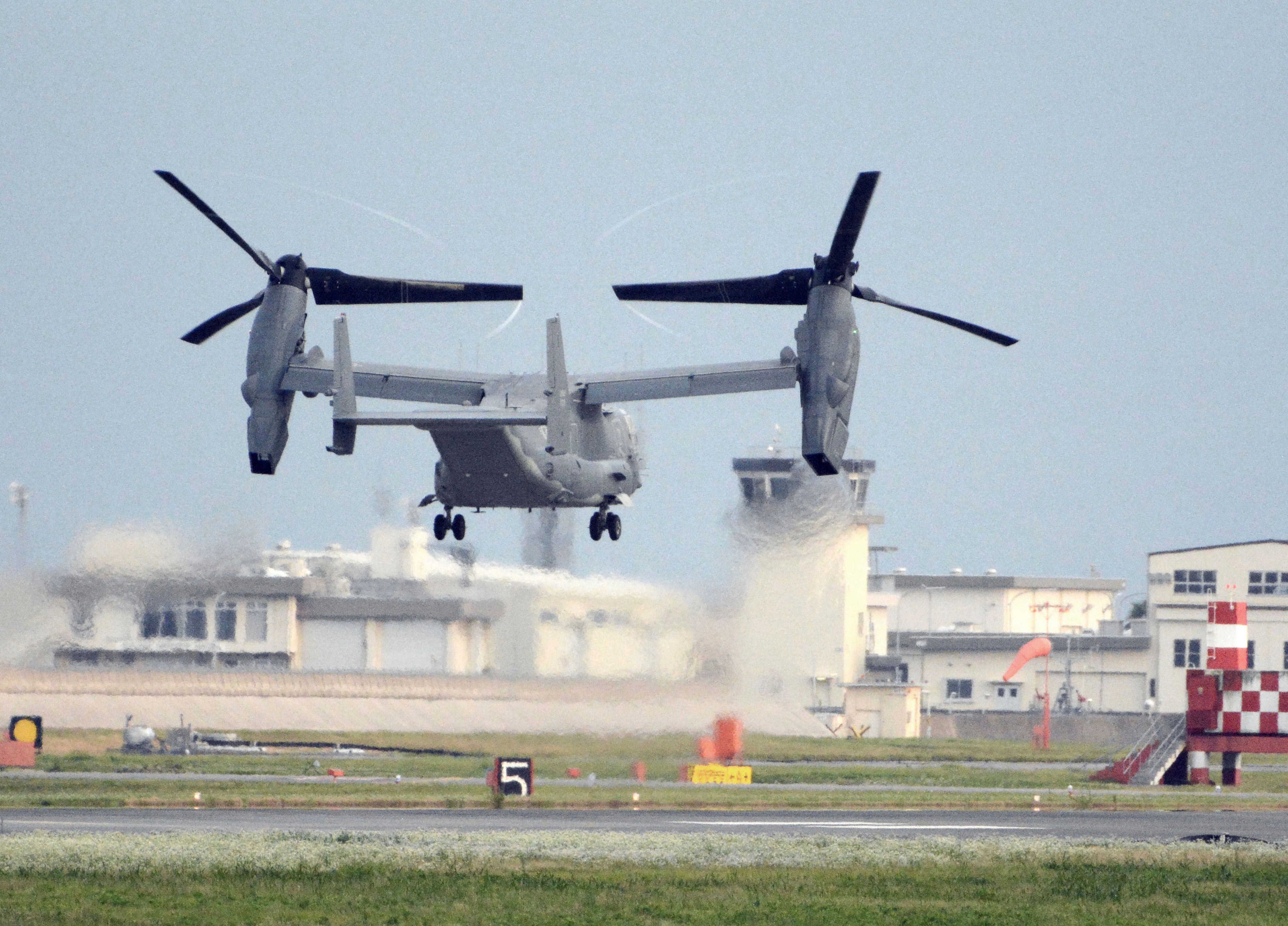 A U.S. military CV-22 Osprey takes off from Iwakuni base, Yamaguchi prefecture, western Japan, on July 4, 2018.