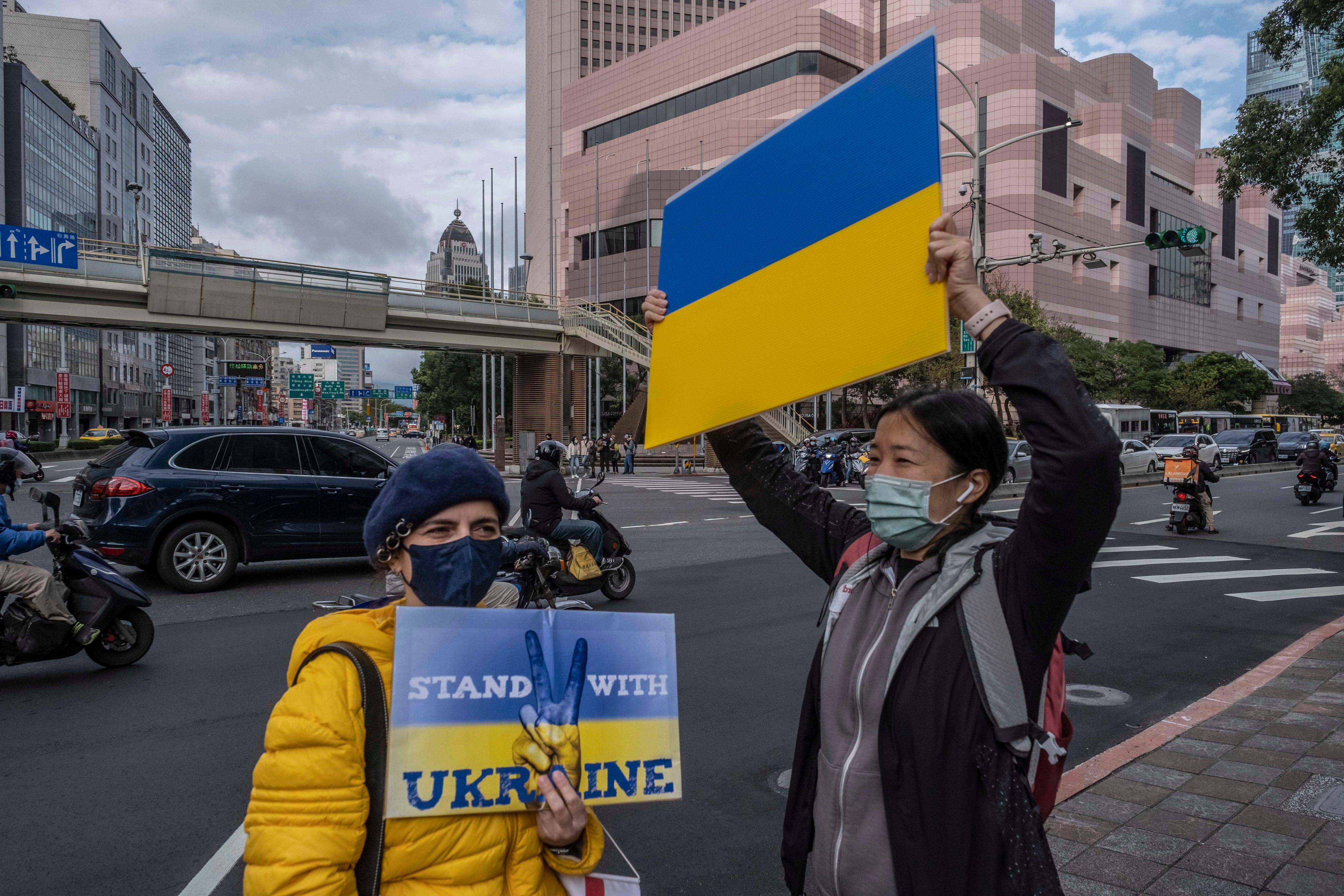 Demonstrators attend a pro-Ukraine rally in Taiwan in February 2023.