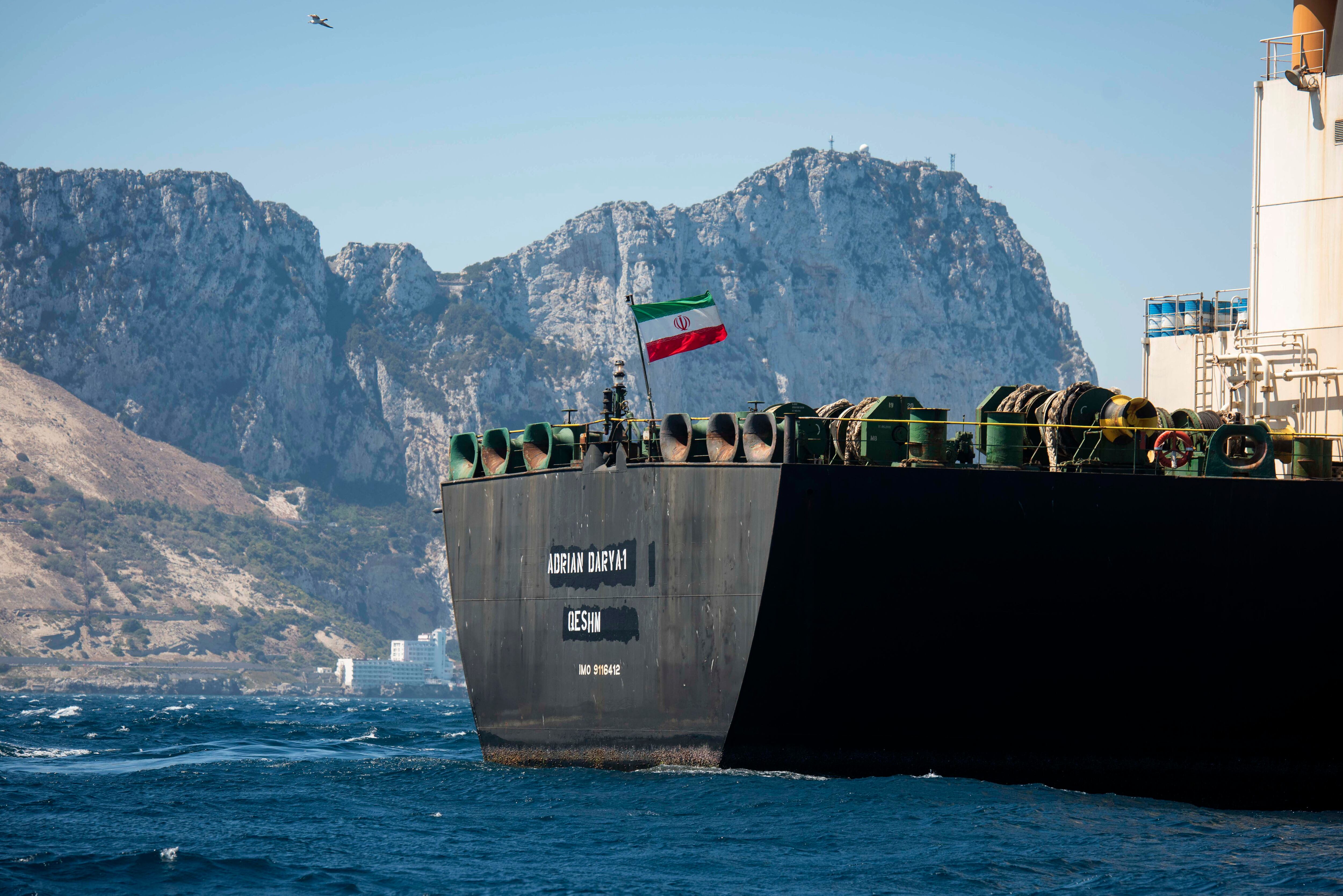 Renamed Adrian Aryra 1 super tanker hosting an Iranian flag sails in the waters in the British territory of Gibraltar, Sunday, Aug. 18, 2019.