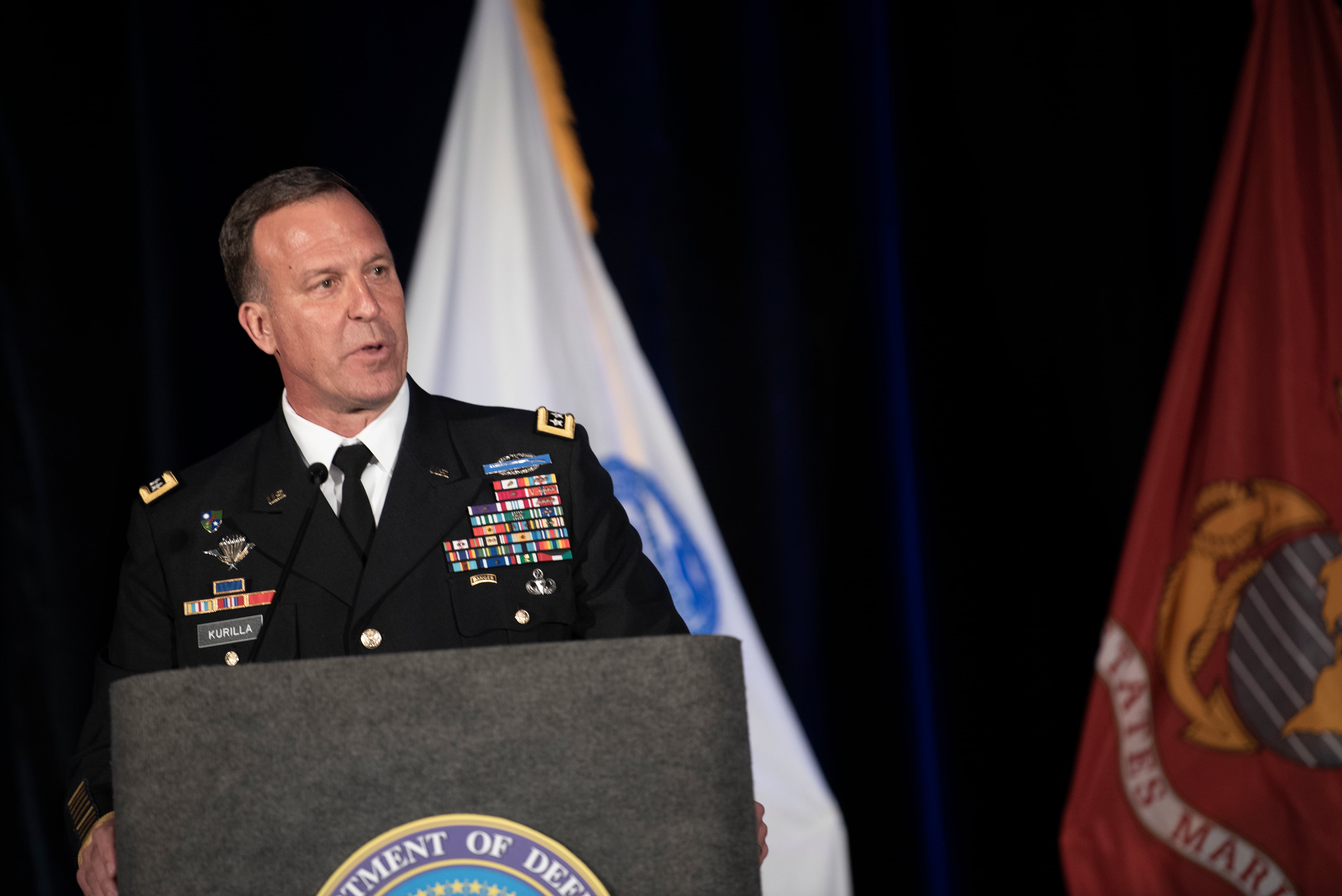 The new commander of U.S. Central Command, Army Gen. Michael “Erik” Kurilla, delivers remarks after assuming command from Marine Corps Gen. Kenneth F. McKenzie Jr., Tampa, Florida, April 1, 2022.