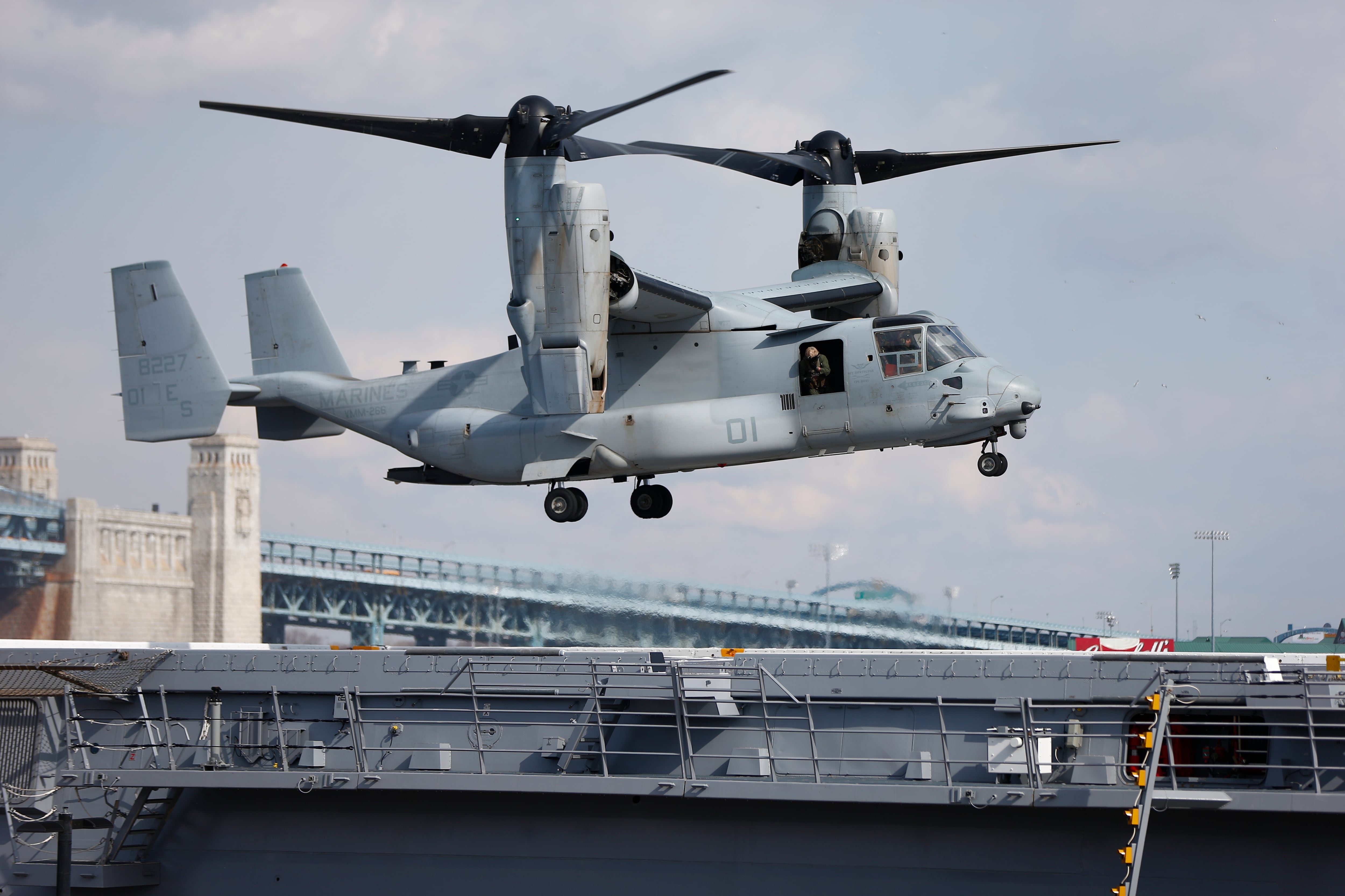 A Marine Osprey lands aboard the USS Somerset, Feb. 27, 2014, in Philadelphia.