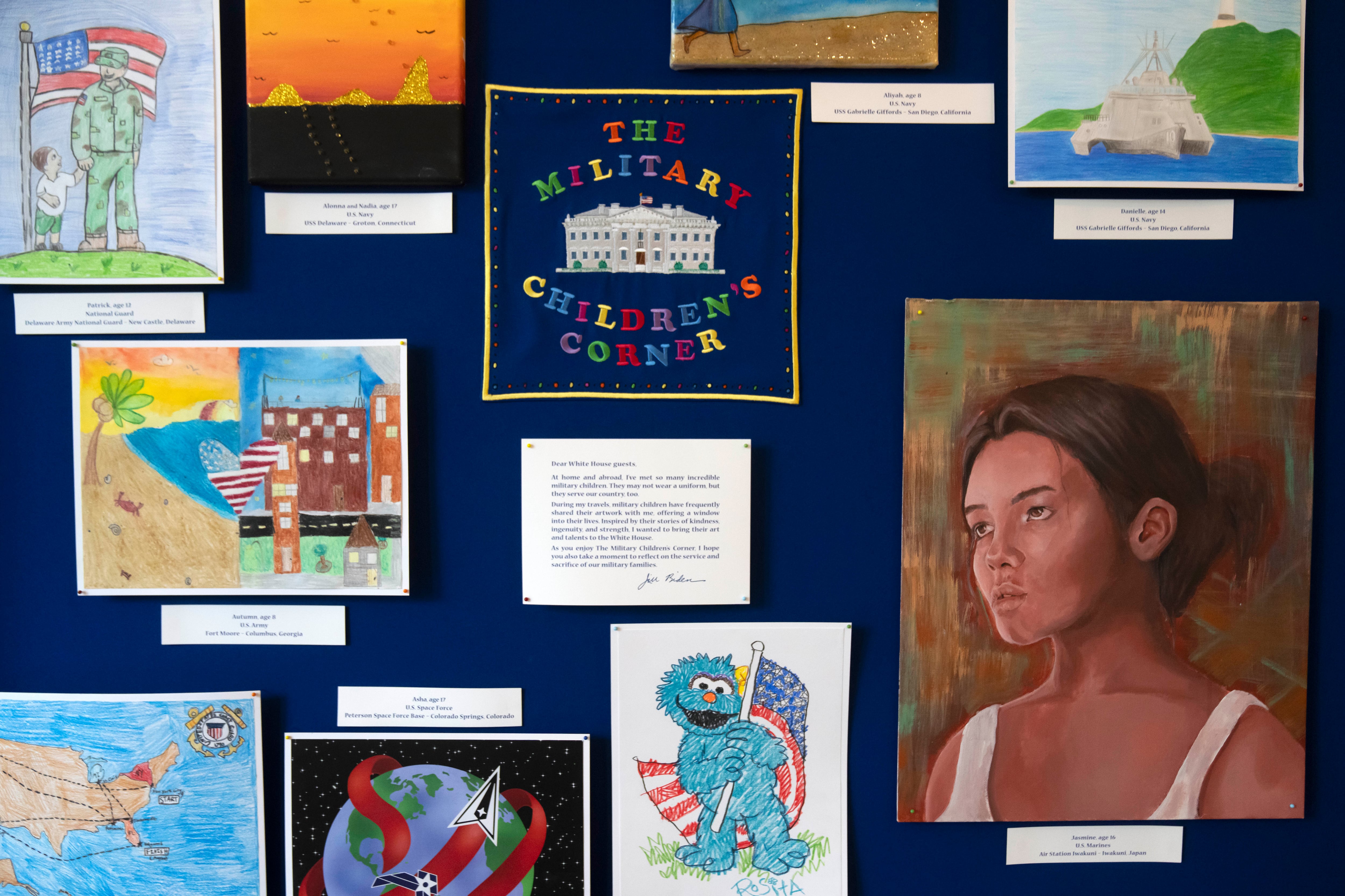 Artwork by military children decorates a display in the East Colonnade of the East Wing at the White House, Tuesday, Sept. 26, 2023, in Washington.