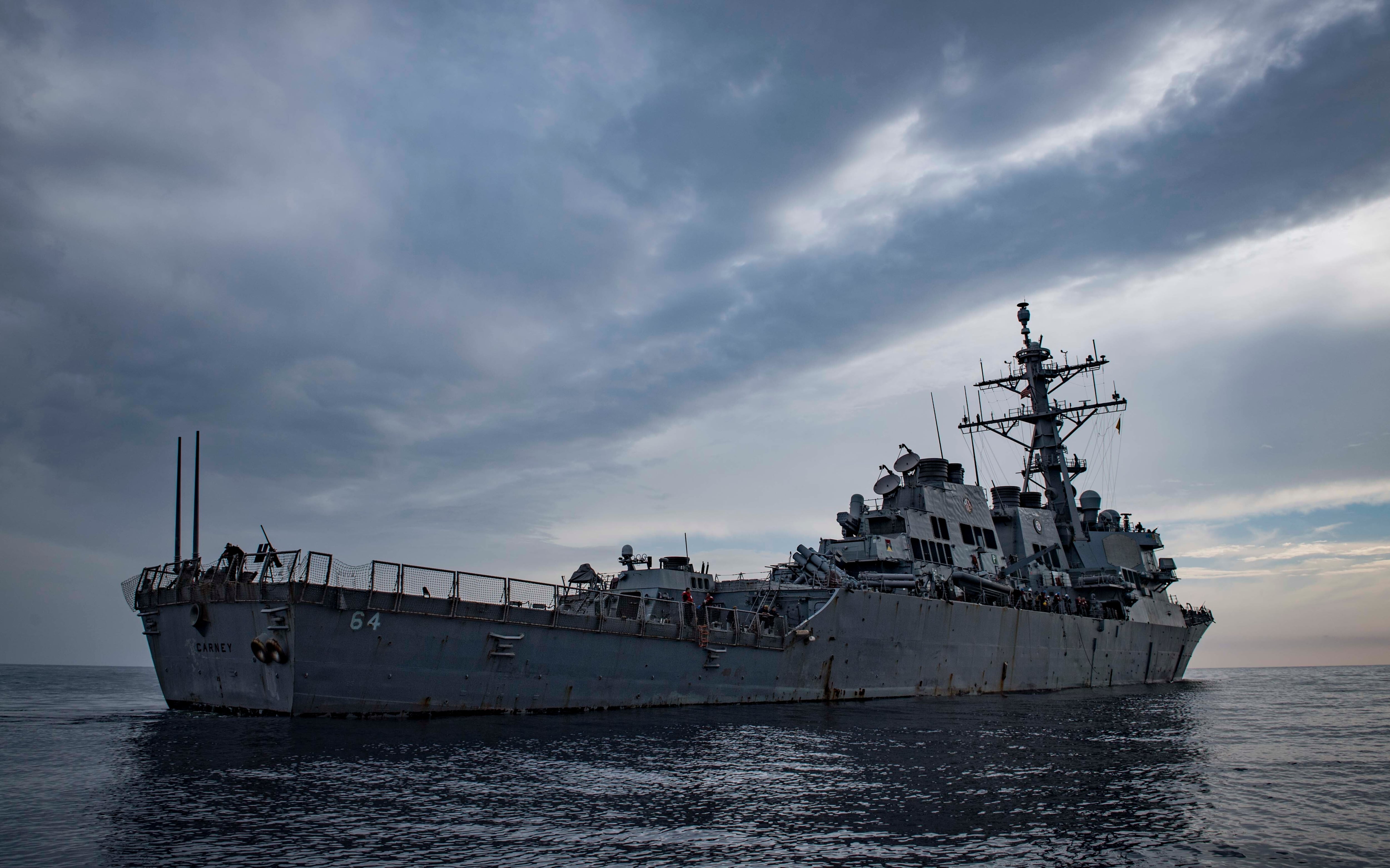 This image provided by the U.S. Navy shows the guided-missile destroyer Carney in the Mediterranean Sea on Oct. 23, 2018.