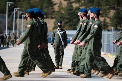 Air Force cadets march during noon meal formation Oct. 9, 2020, on the Academy's Terrazzo at the U.S. Air Force Academy in Colorado Springs, Colo.