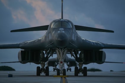 Two B-1B Lancer aircraft sit on a runway during a Bomber Task Force deployment at Andersen Air Force Base, Guam, Oct. 21, 2020.