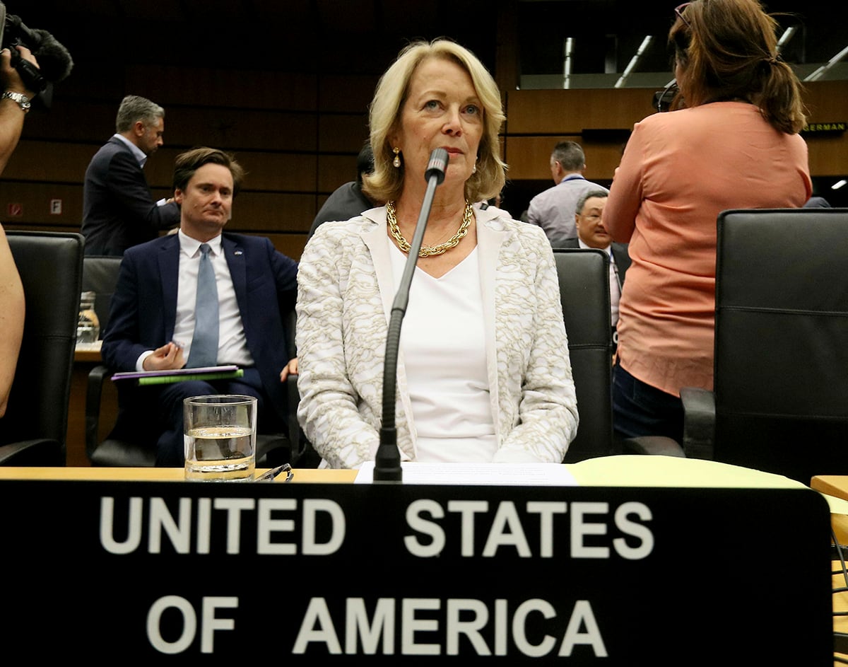 U.S. Ambassador Jackie Wolcott waits for the start of the International Atomic Energy Agency, IAEA, board of governors meeting at the International Center in Vienna, Austria, Wednesday, July 10, 2019.