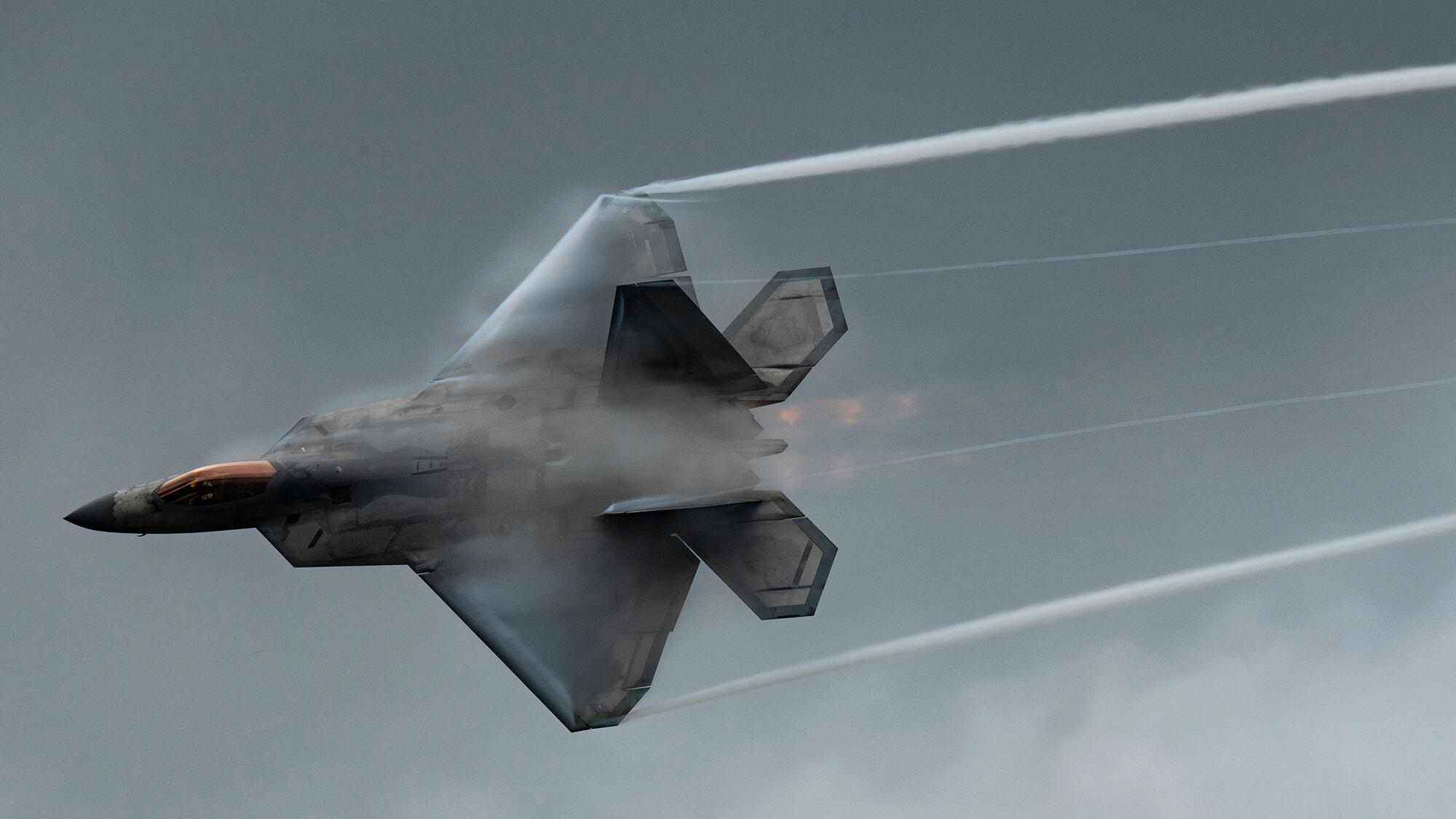 Maj. Joshua Gunderson, F-22 Demonstration Team pilot and commander, performs an aerial demonstration over the flightline at Naval Air Station Oceana, Va., Sept. 18, 2020.