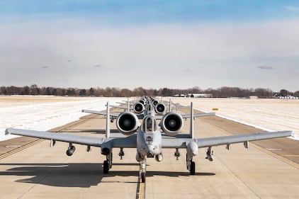 A-10 Thunderbolt II aircraft perform an Elephant Walk on Selfridge runway