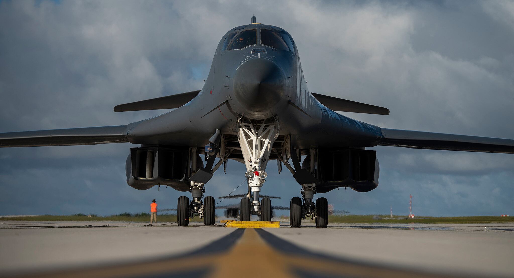 A 9th Expeditionary Bomb Squadron B-1B Lancer waits to park at Andersen Air Force Base, Guam, May 14, 2020, after completing a training mission in the East China Sea.