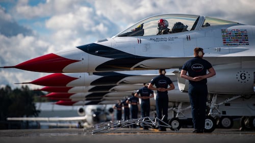 The U.S. Air Force Air Demonstration Squadron "Thunderbirds" perform at the F-AIR Colombia Air Show in Rionegro, Colombia, July 13, 2019.