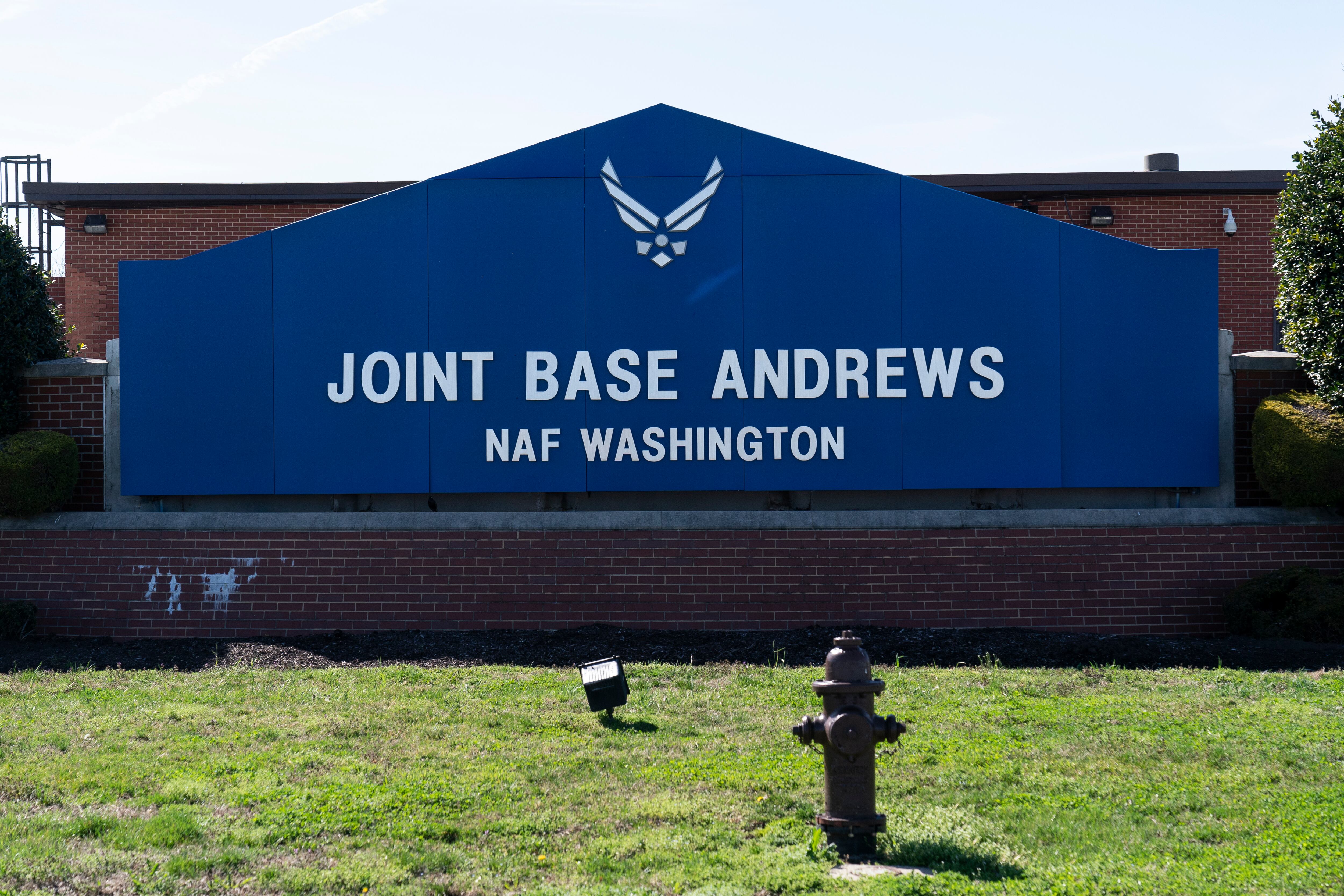 The sign for Joint Base Andrews is seen on March 26, 2021, at Andrews Air Force Base, Md.