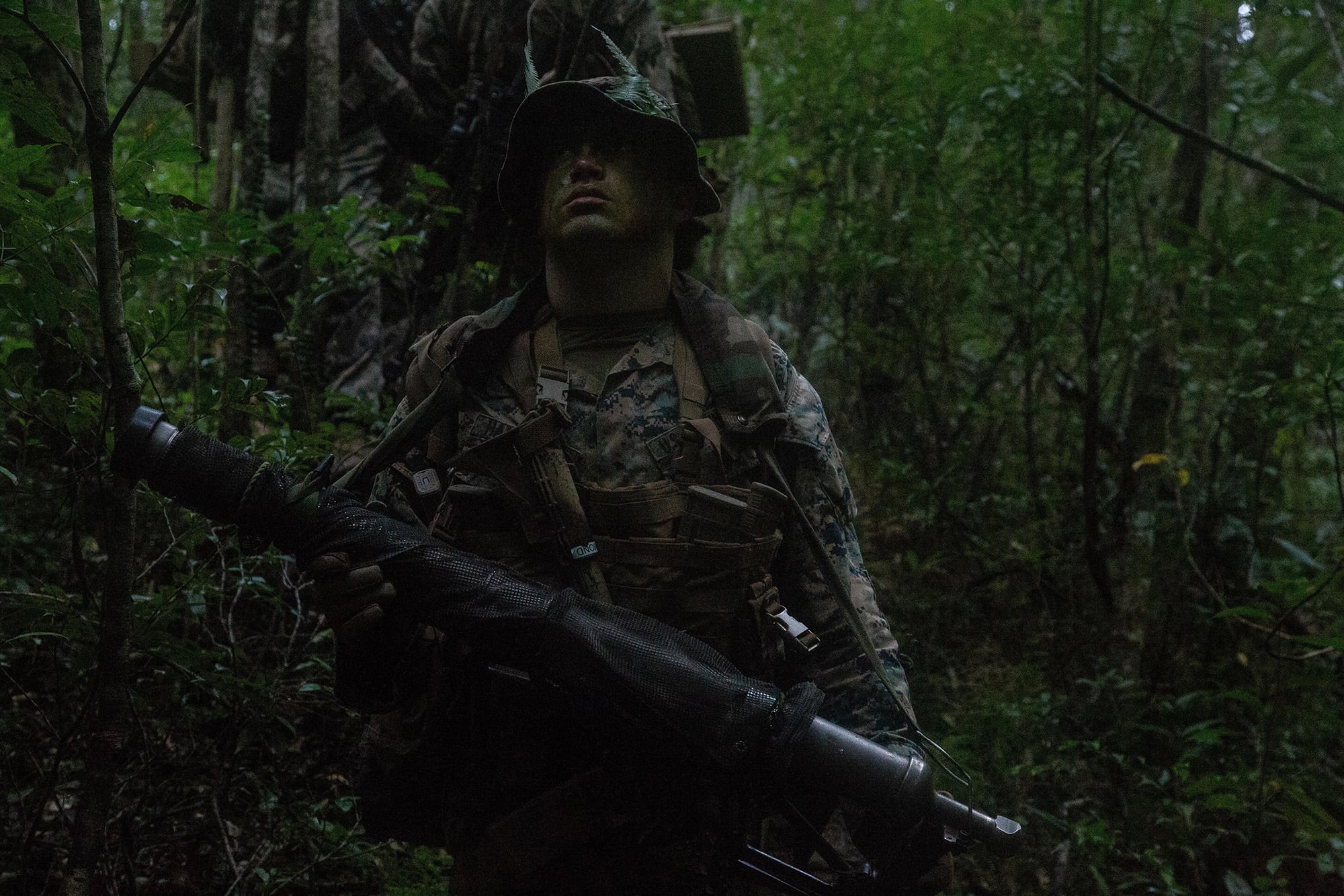 A U.S. Marine patrols during a force-on-force exercise at Camp Gonsalves, Okinawa, Japan on Oct. 16, 2020.