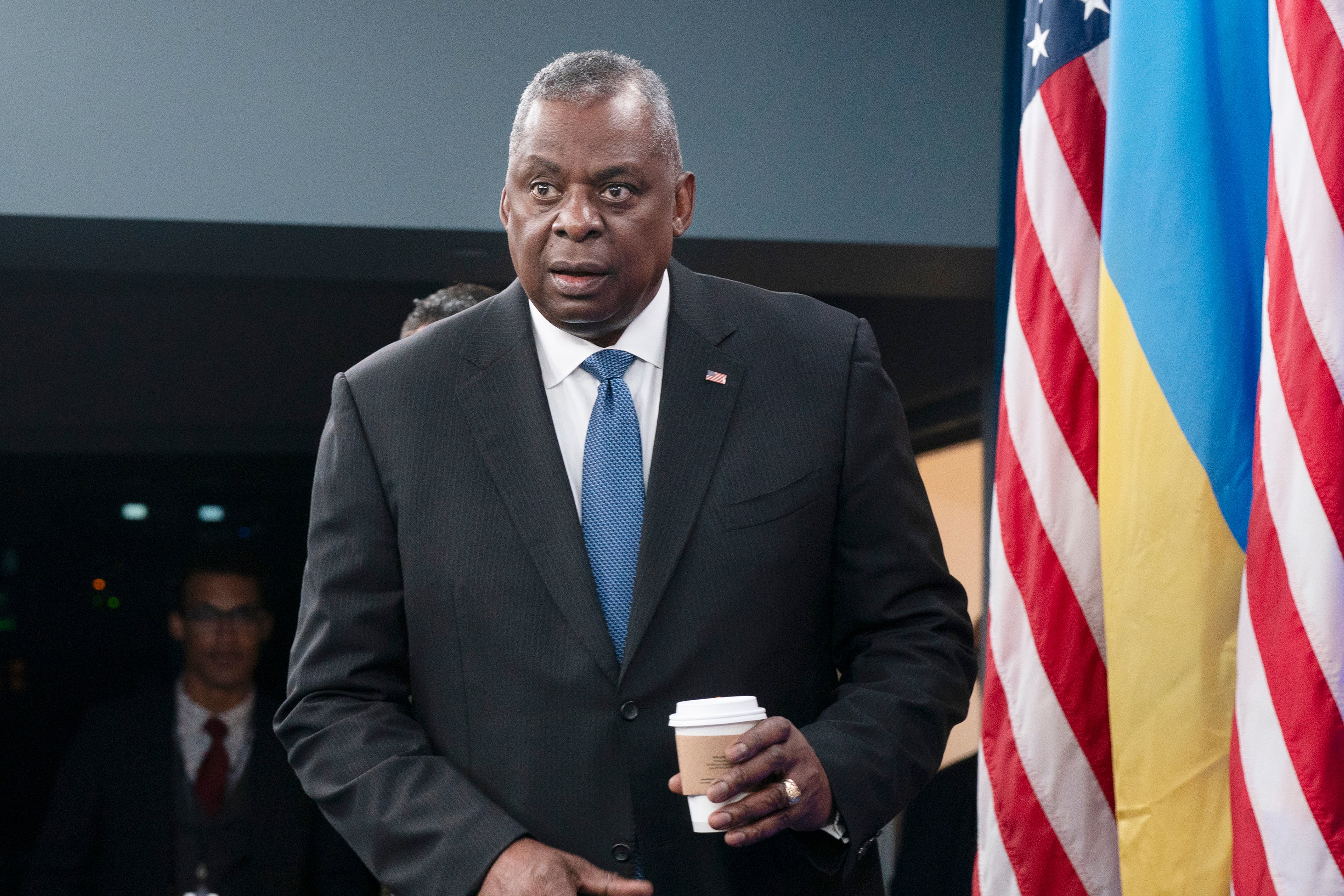 Secretary of Defense Lloyd Austin arrives for a virtual meeting of the Ukraine Defense Contact Group at the Pentagon in Washington, Tuesday, July 18, 2023.