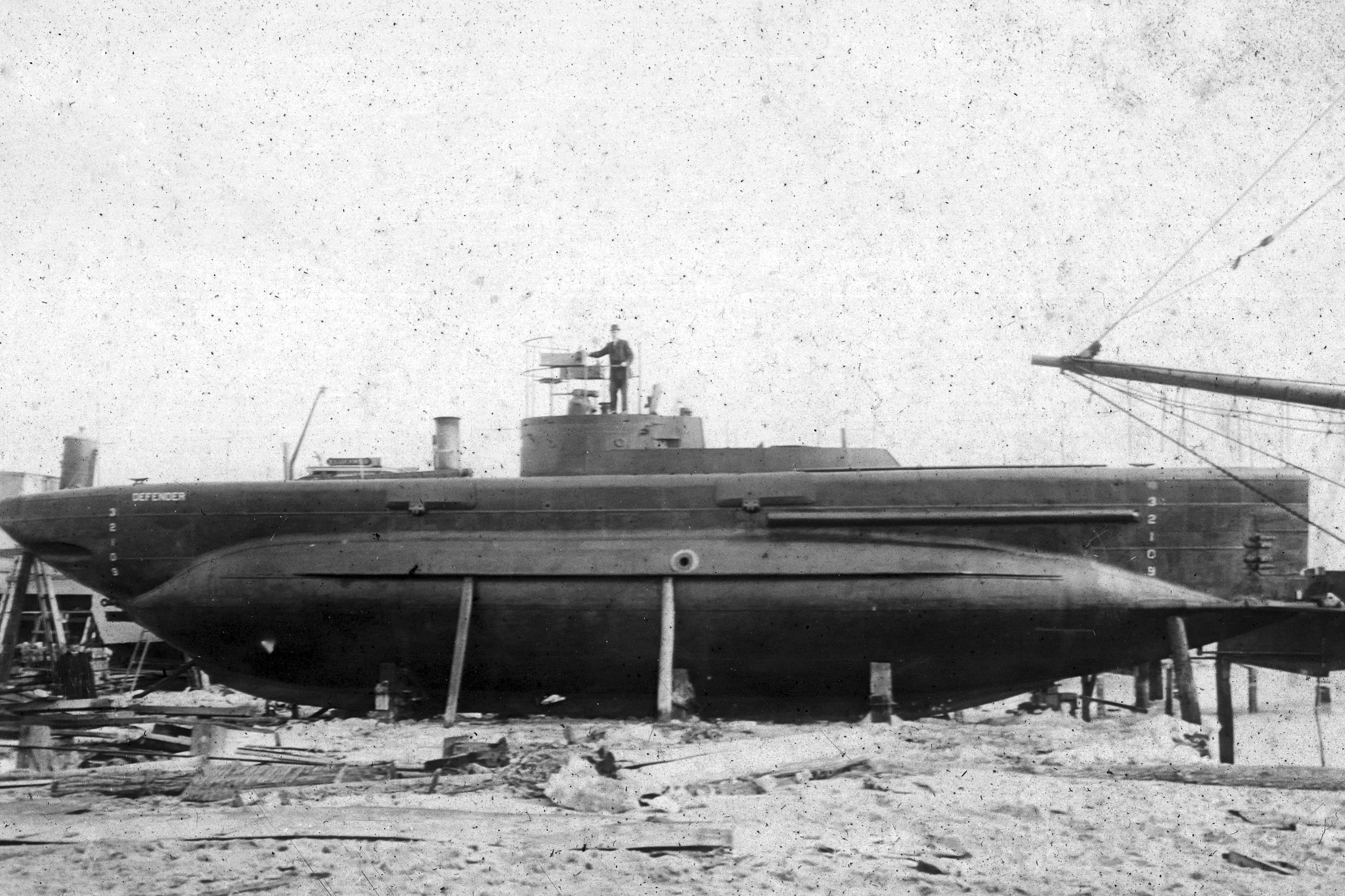 This 1907 photo, from Chapman University, Frank Mt. Pleasant Library of Special Collections and Archives, shows the Defender submarine.