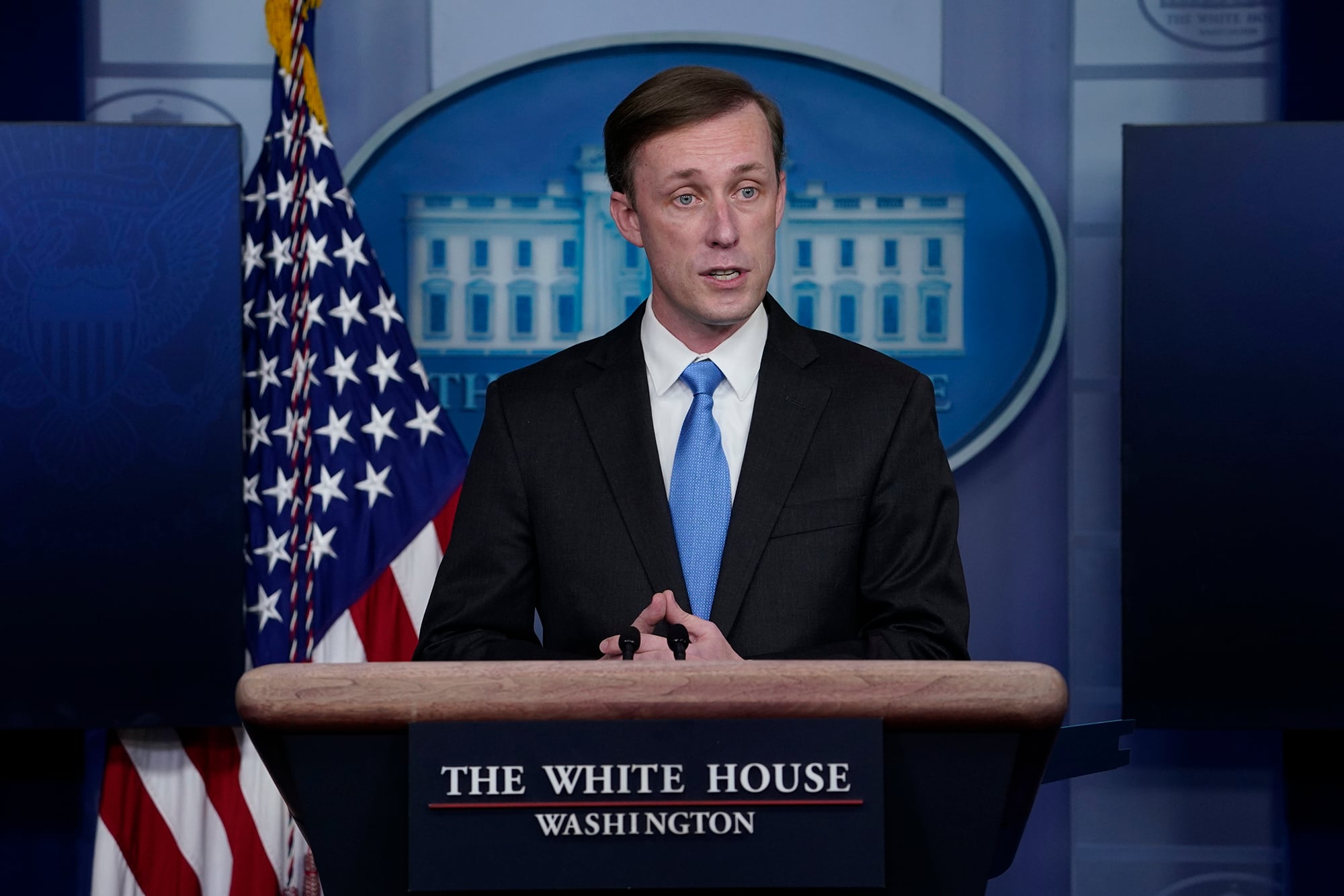 National security adviser Jake Sullivan speaks during a press briefing at the White House on Feb. 4, 2021, in Washington.