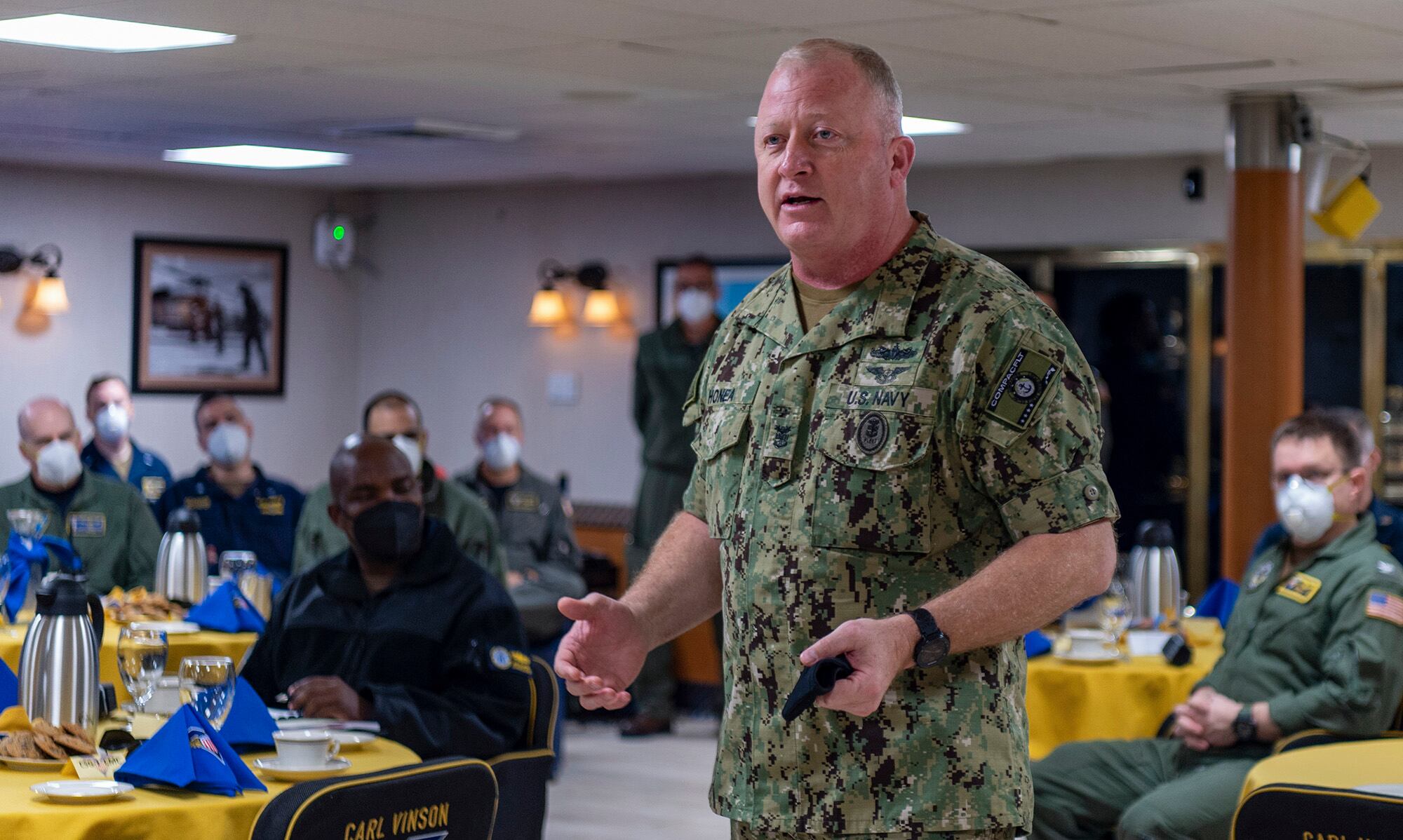 Fleet Master Chief Jim Honea addresses sailors assigned to Nimitz-class nuclear aircraft carrier USS Carl Vinson (CVN 70) on Feb. 8, 2021.