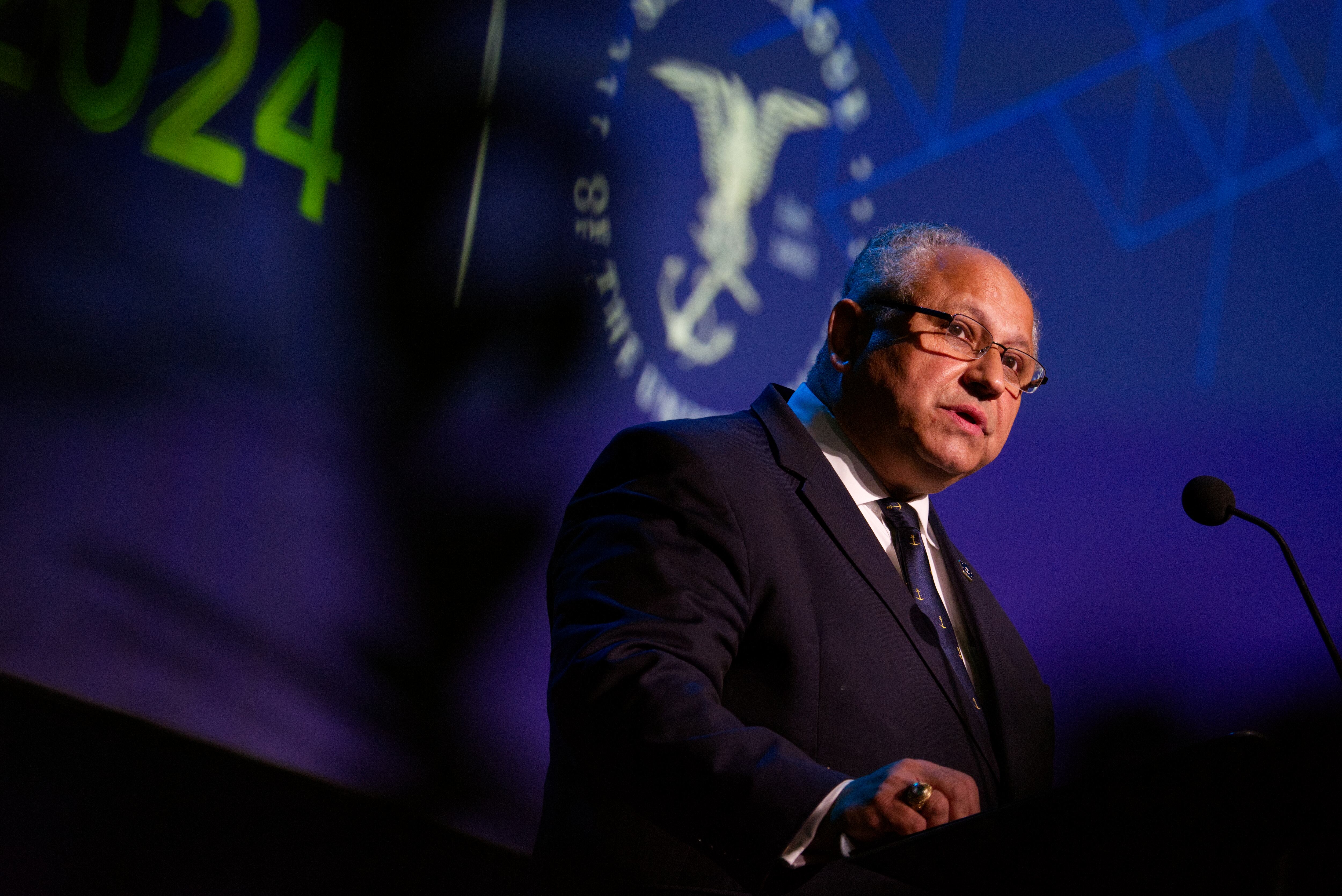 U.S. Navy Secretary Carlos Del Toro begins his keynote speech at the Sea-Air-Space defense conference in Maryland on April 9, 2024.