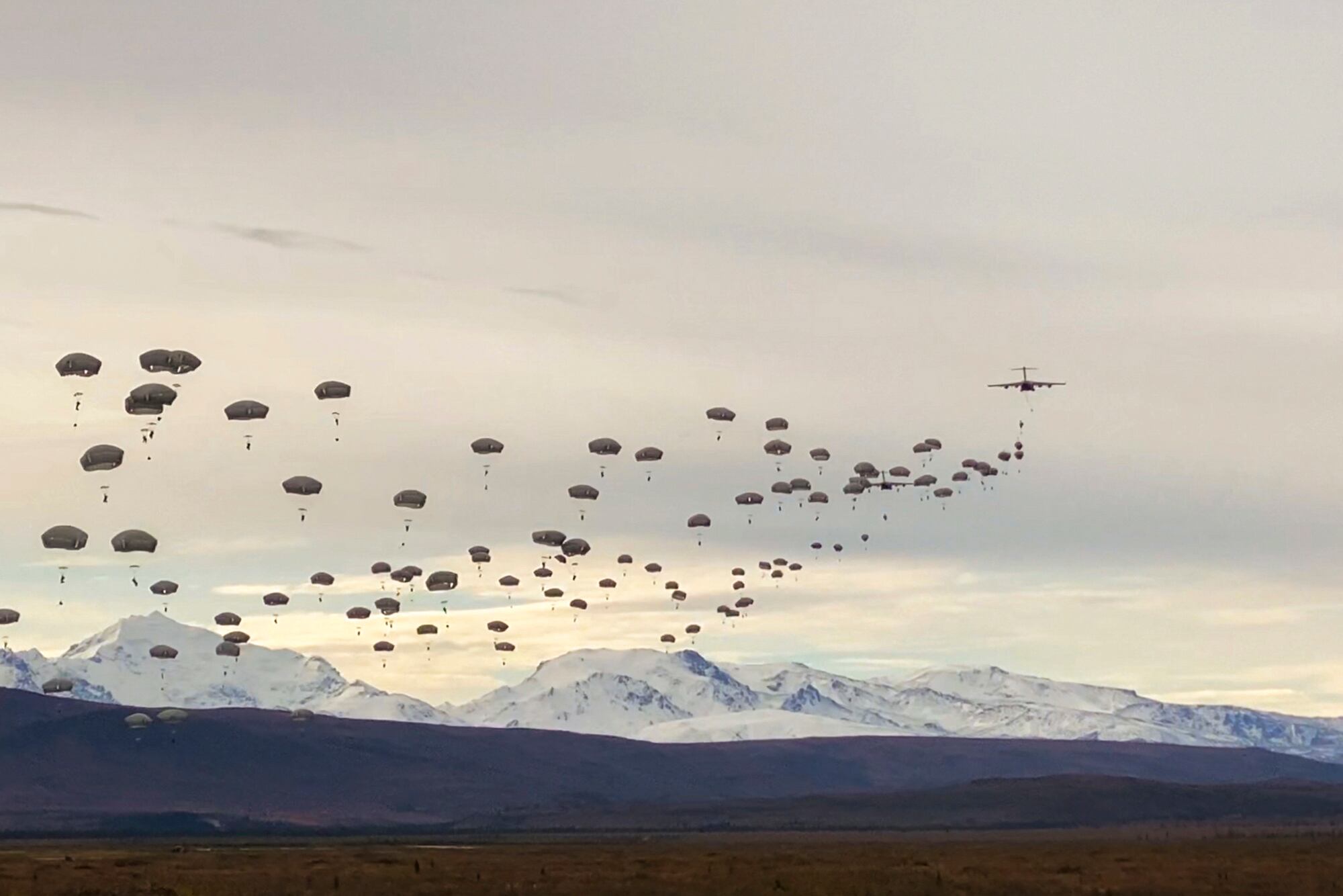 Paratroopers execute a joint forcible entry operation into Donnelly Training Area, Alaska, Sept. 14, 2020.